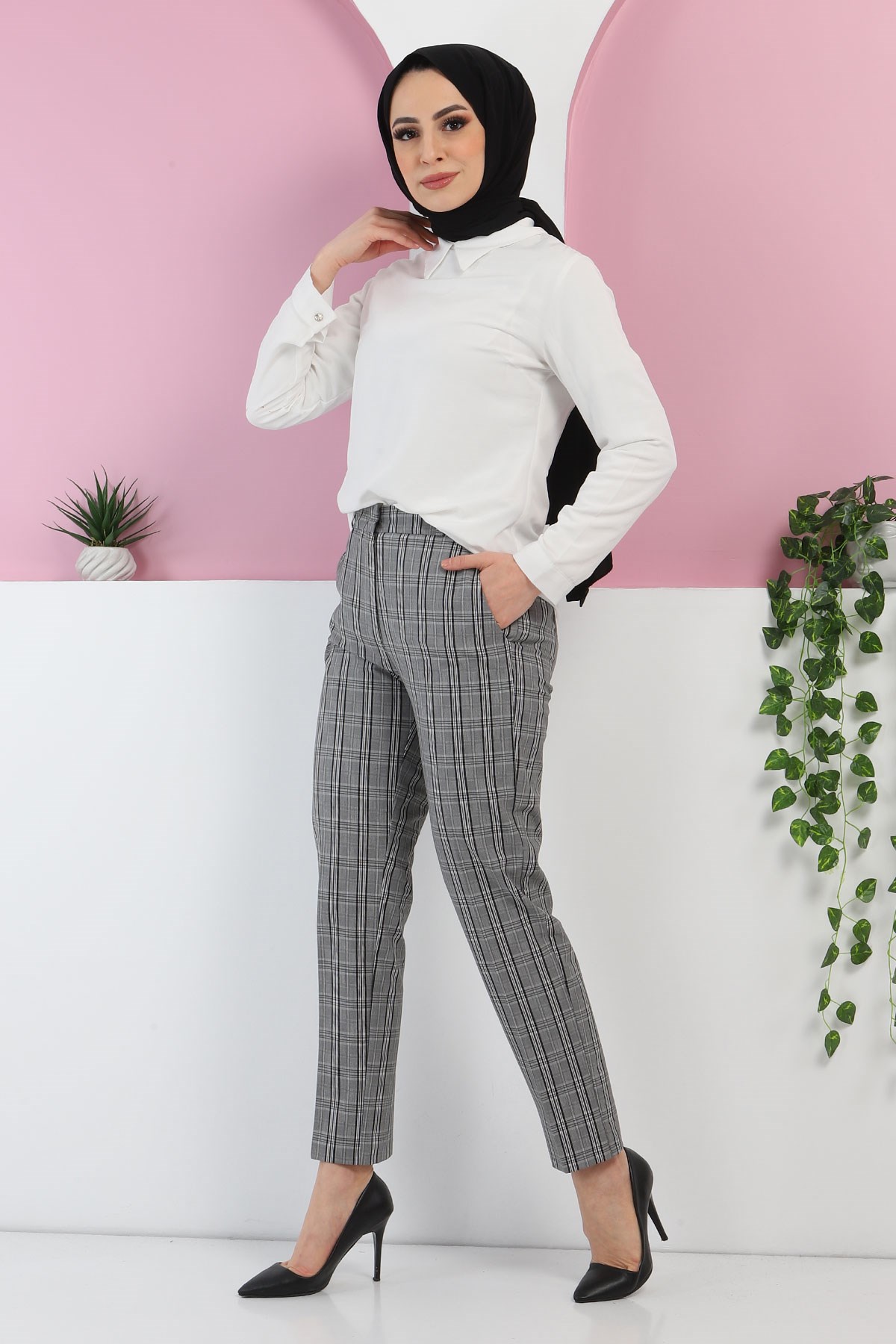 Ekoseli Kumaş Pantolon Siyah 6024