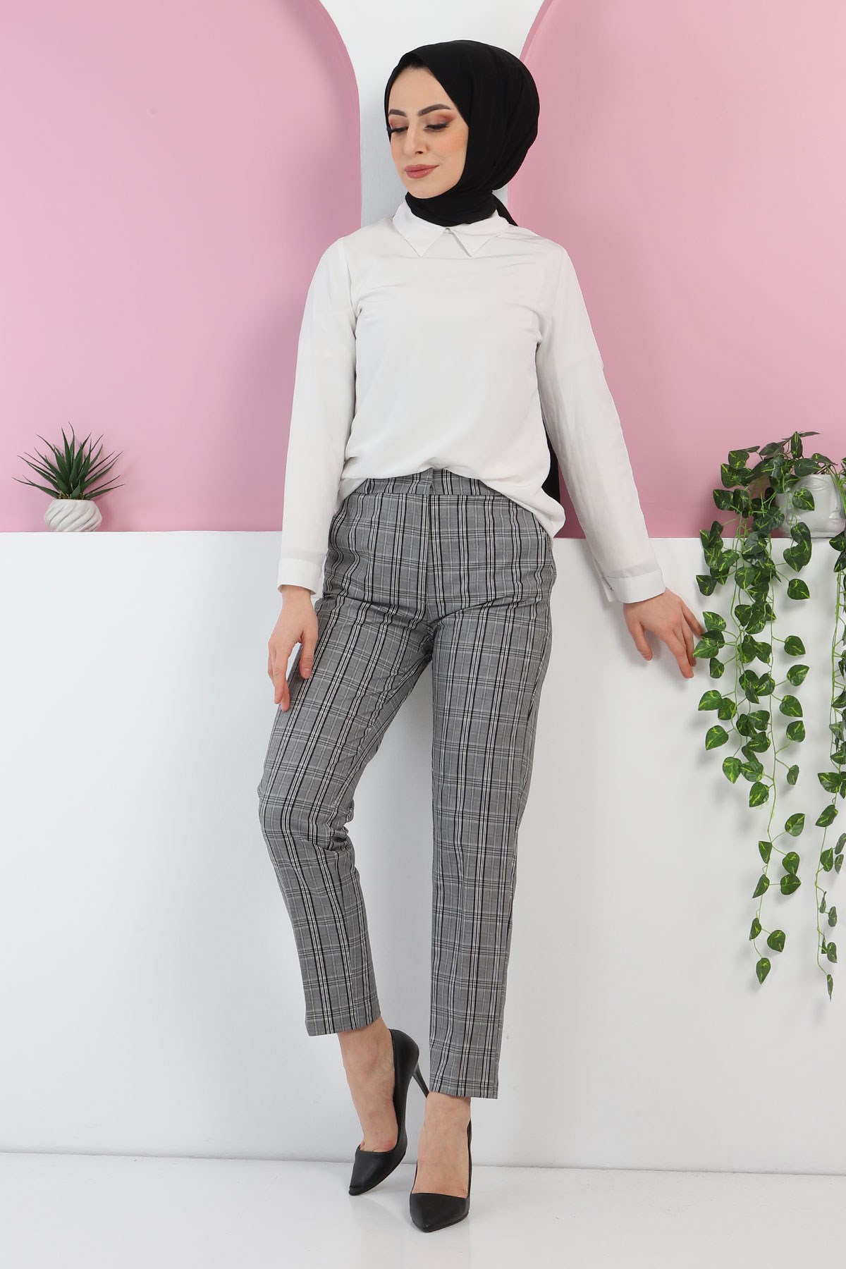 Ekoseli Kumaş Pantolon Siyah 6024