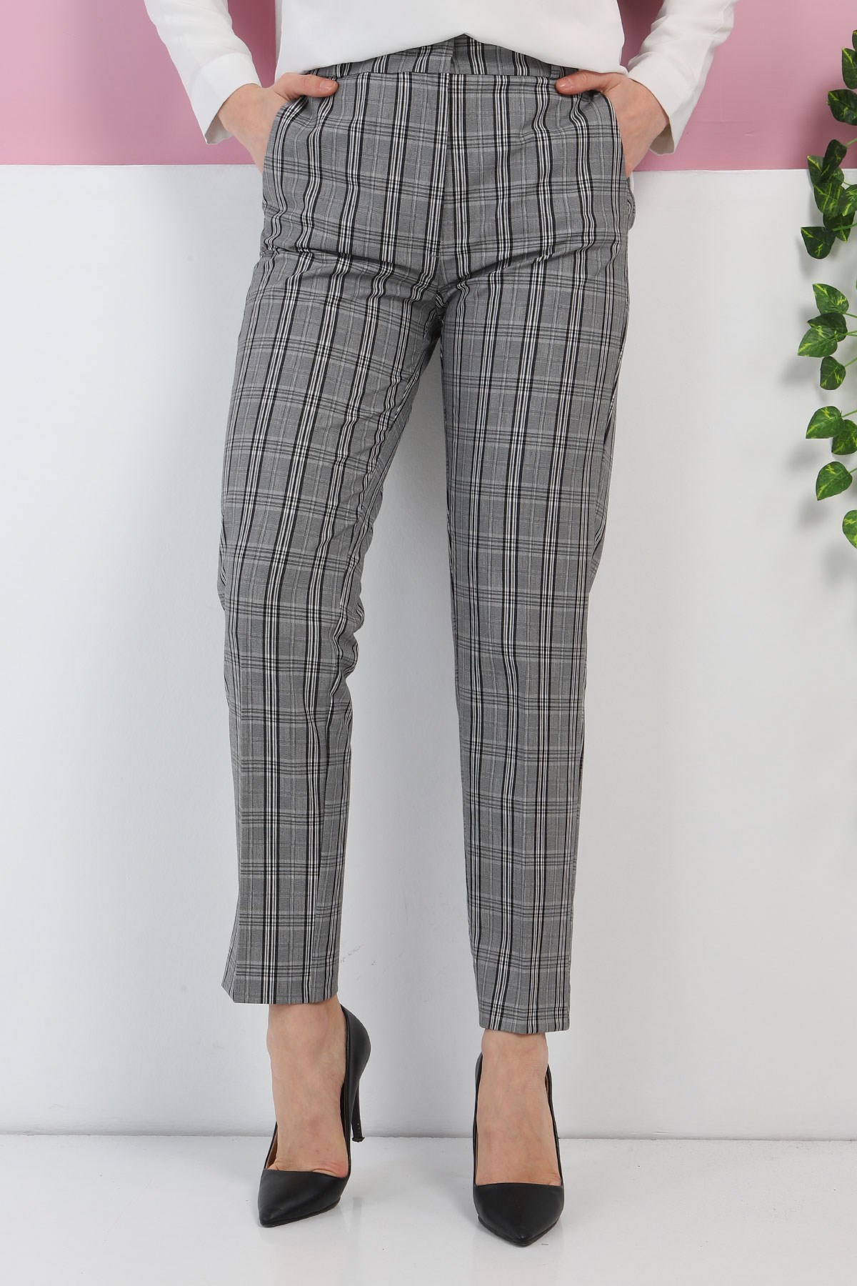 Ekoseli Kumaş Pantolon Siyah 6024