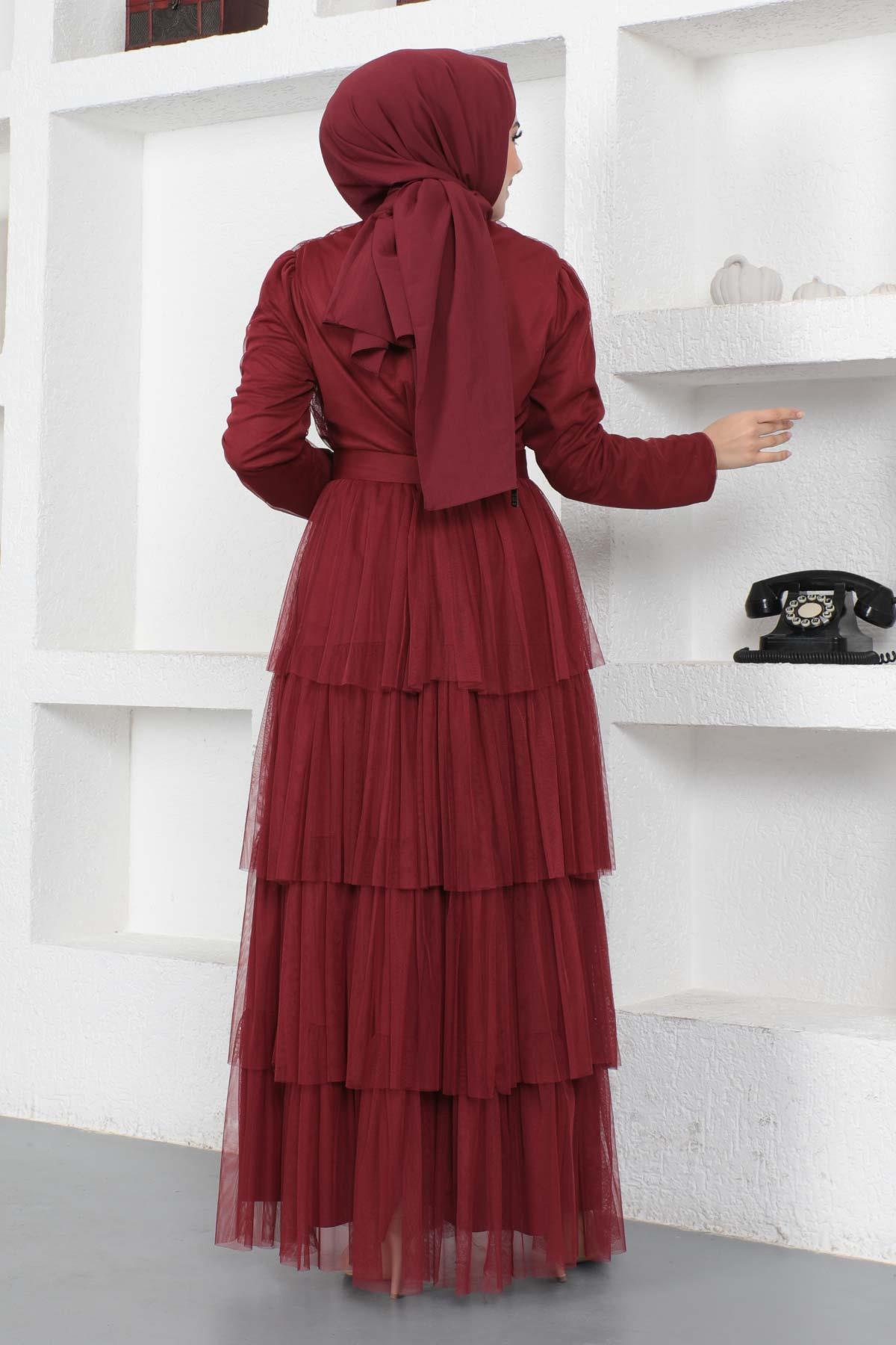 Eteği Fırfırlı Tül Abiye Bordo 19111