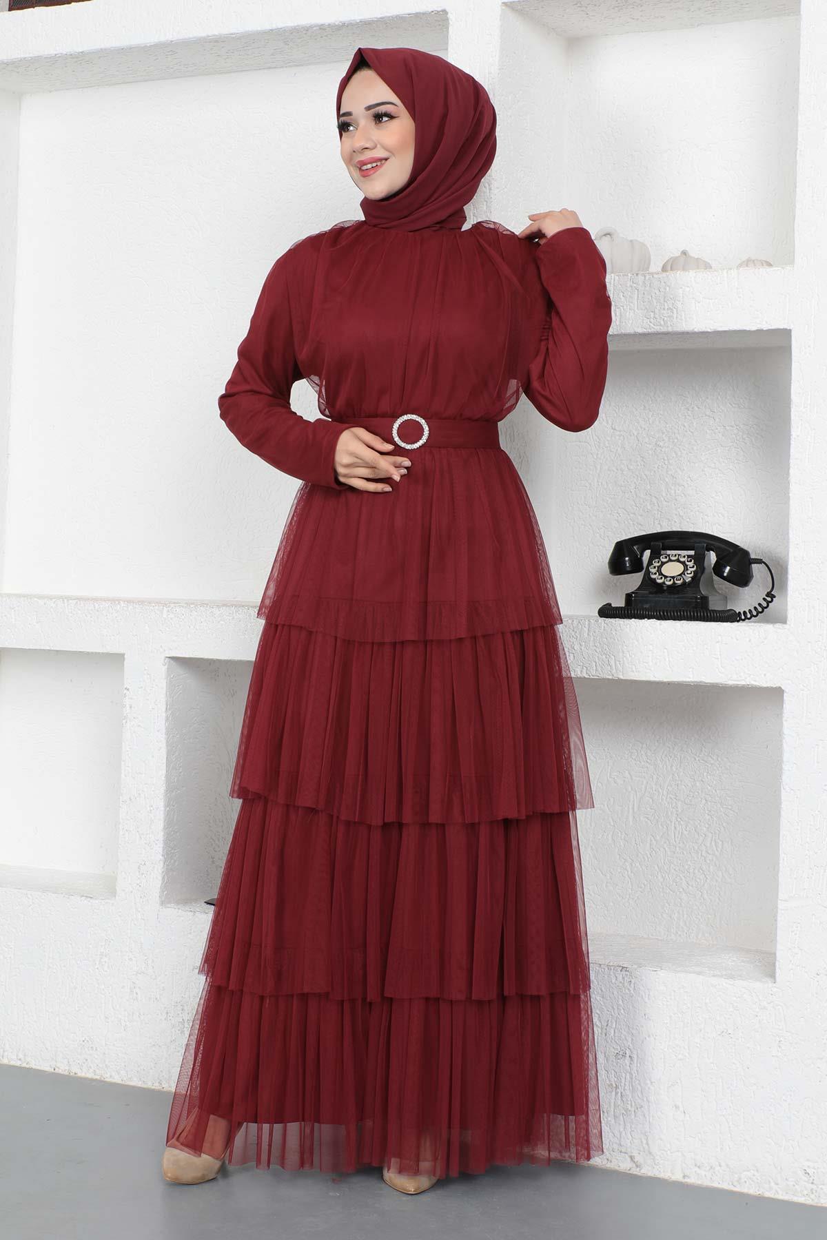 Eteği Fırfırlı Tül Abiye Bordo 19111