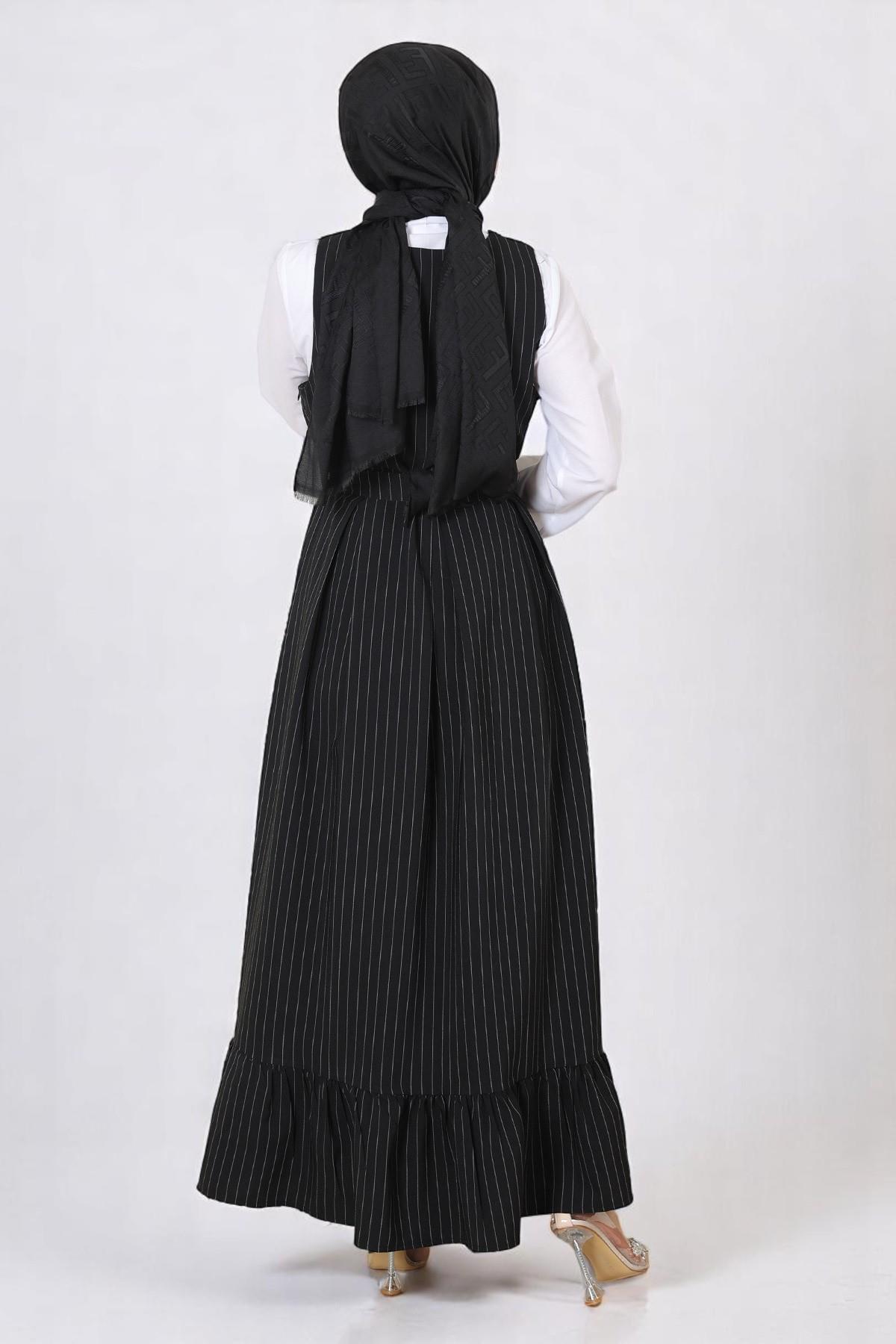 Eteği Pileli Kemerli Jile Takım Siyah 19221