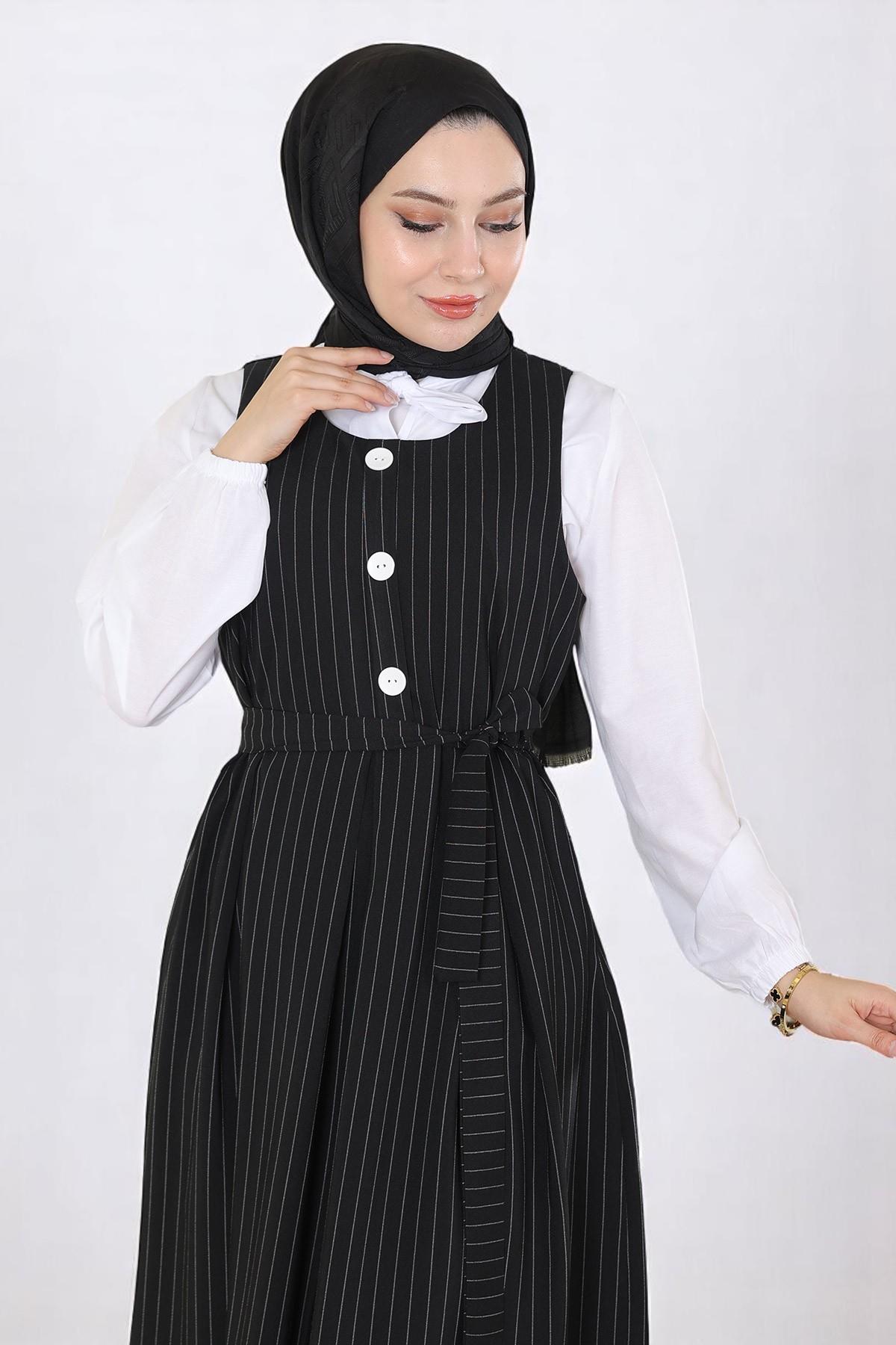 Eteği Pileli Kemerli Jile Takım Siyah 19221