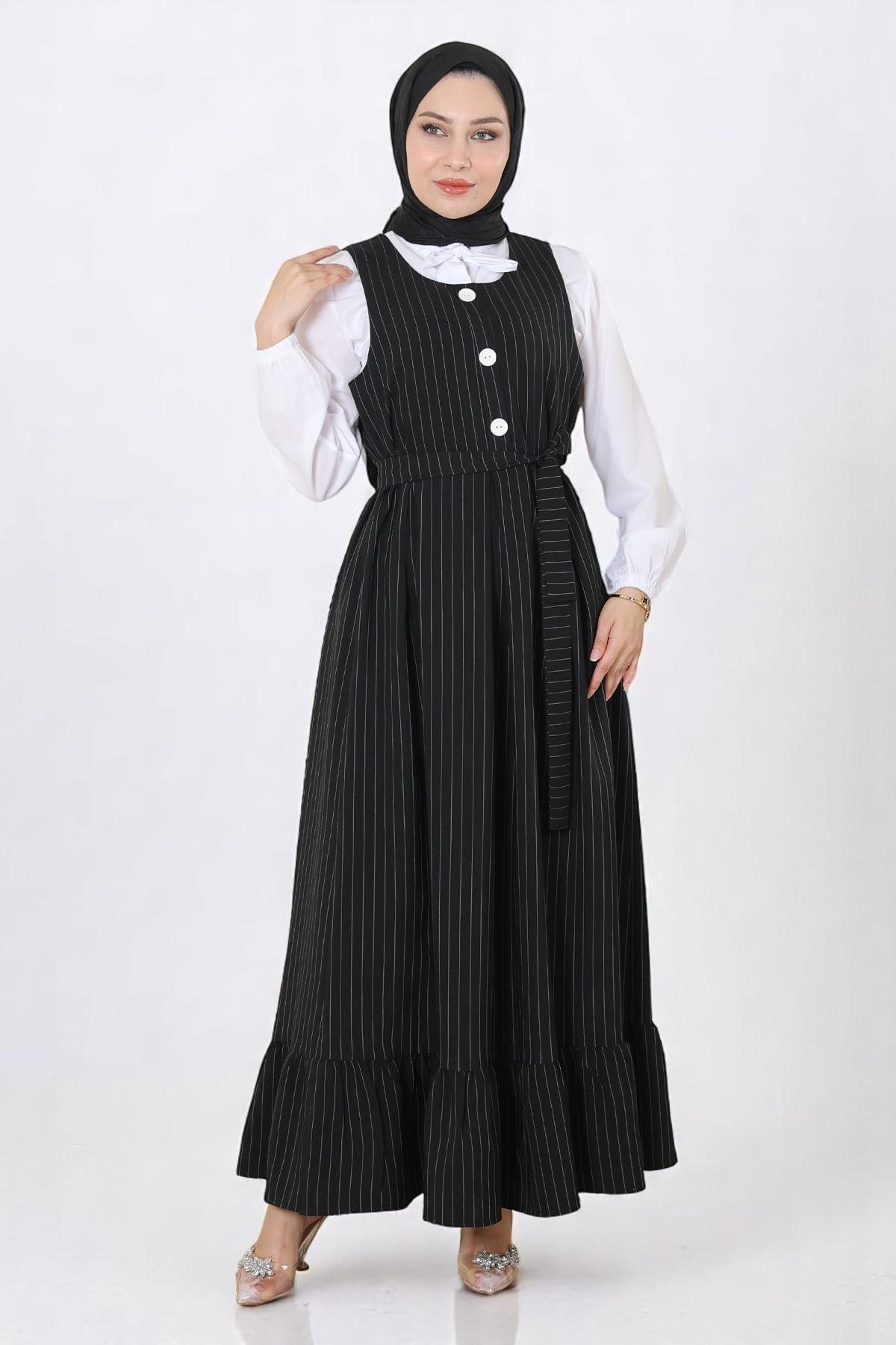 Eteği Pileli Kemerli Jile Takım Siyah 19221