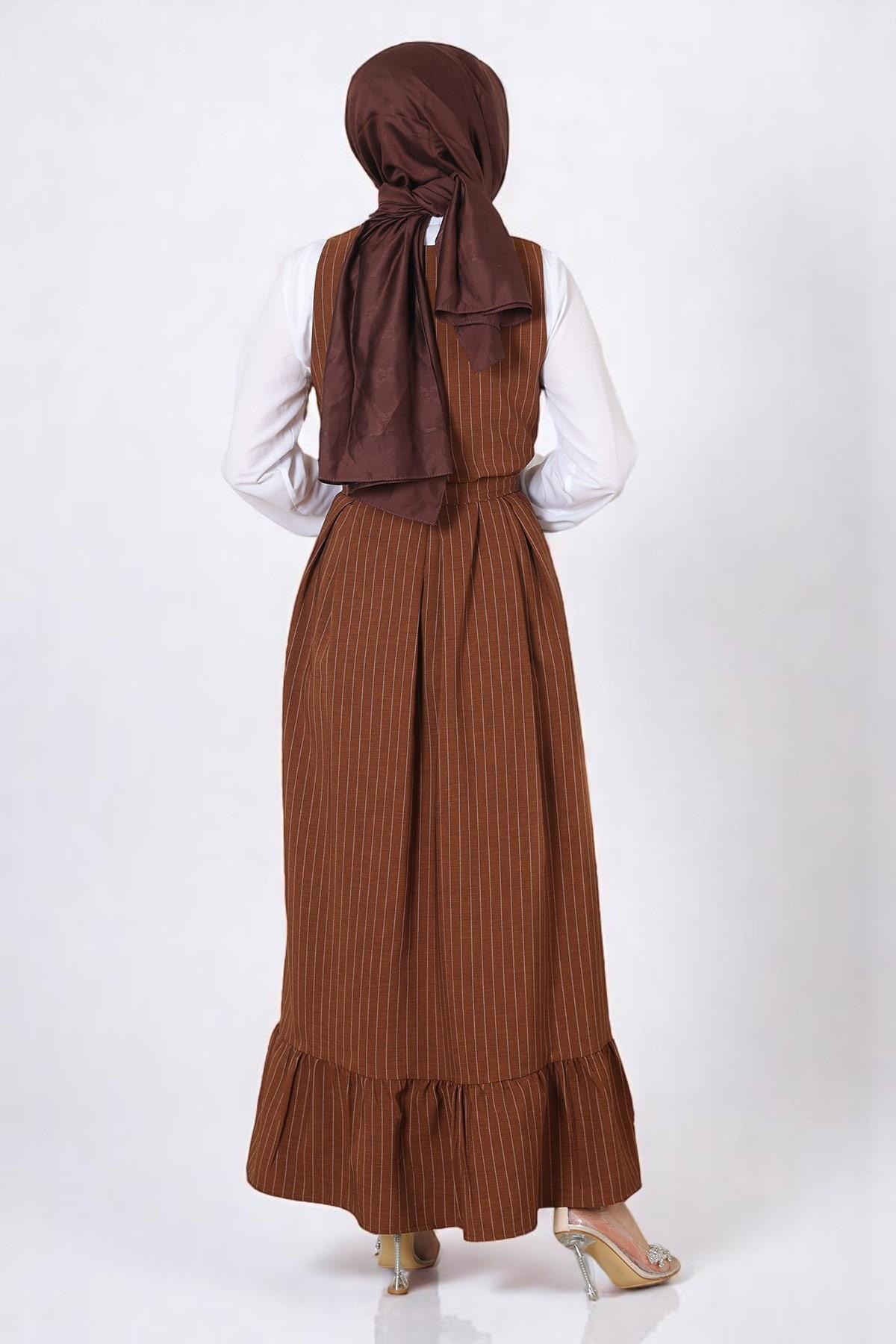 Eteği Pileli Kemerli Jile Takım Taba 19221