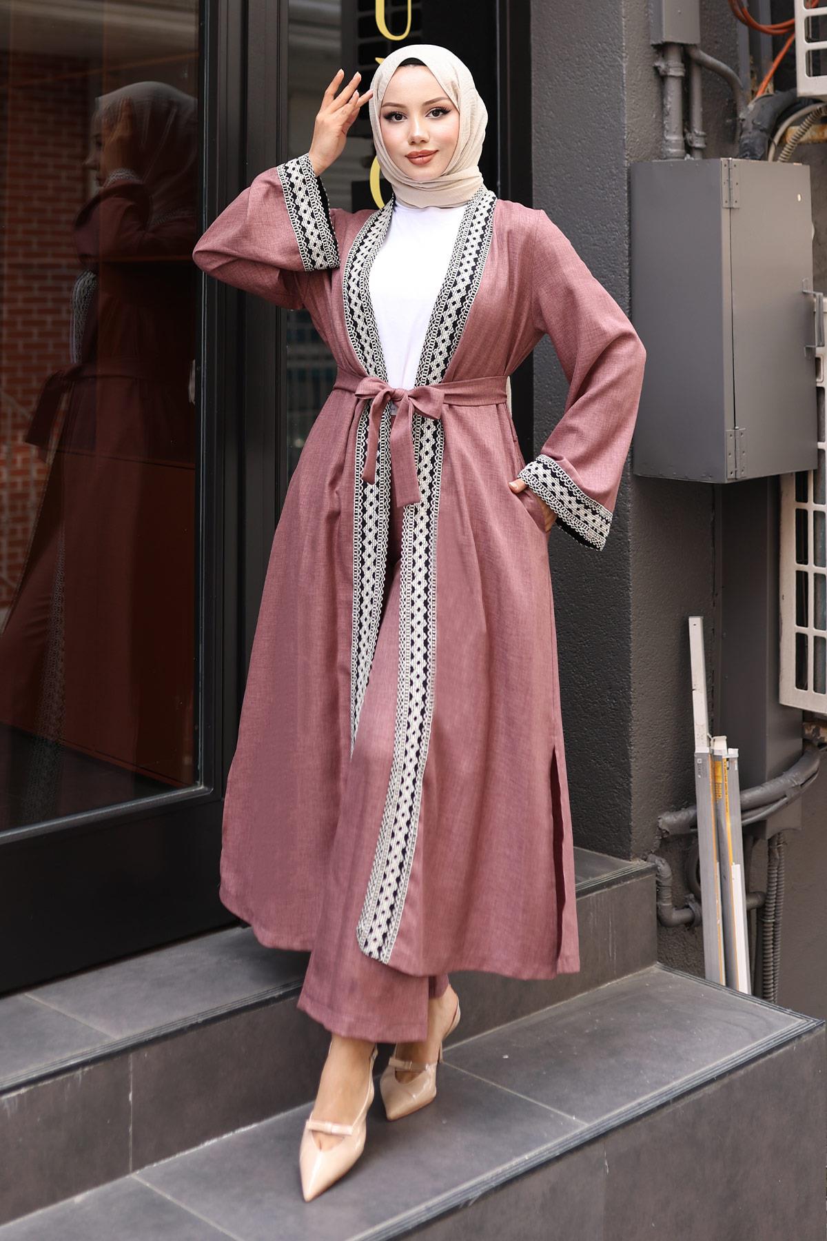 Etnik Desenli Kimono Takım Gül Kurusu 19251