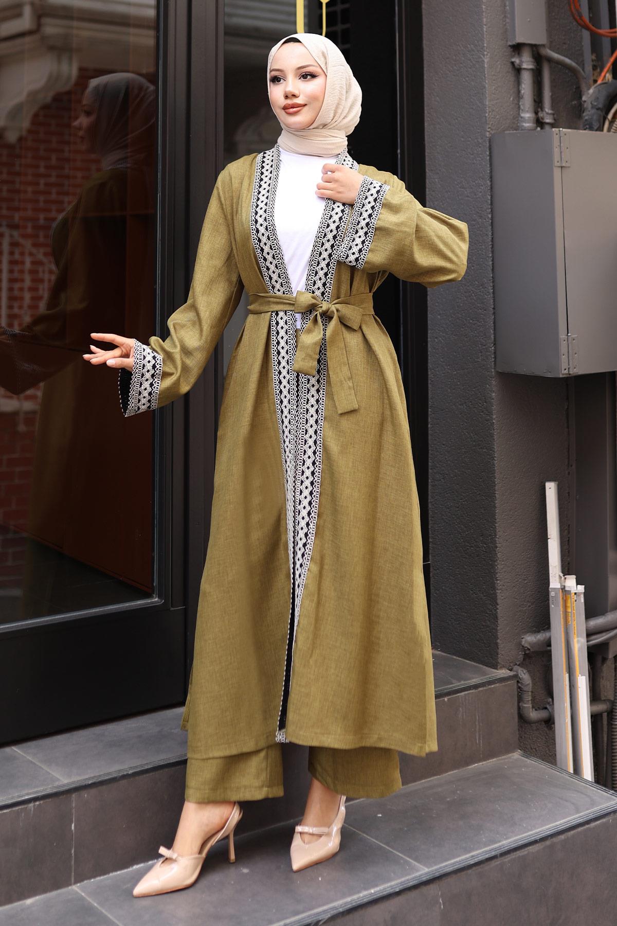 Etnik Desenli Kimono Takım Haki 19251