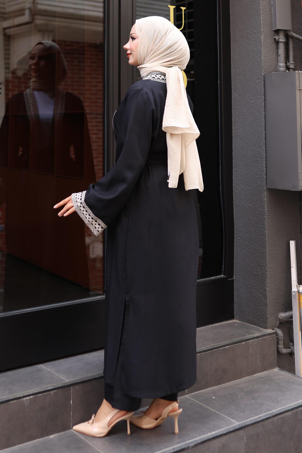 Etnik Desenli Kimono Takım Siyah Siyah MSW19251-1