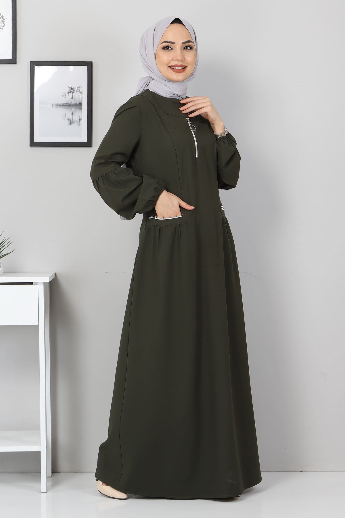 Fermuar Detaylı Elbise Haki 10269