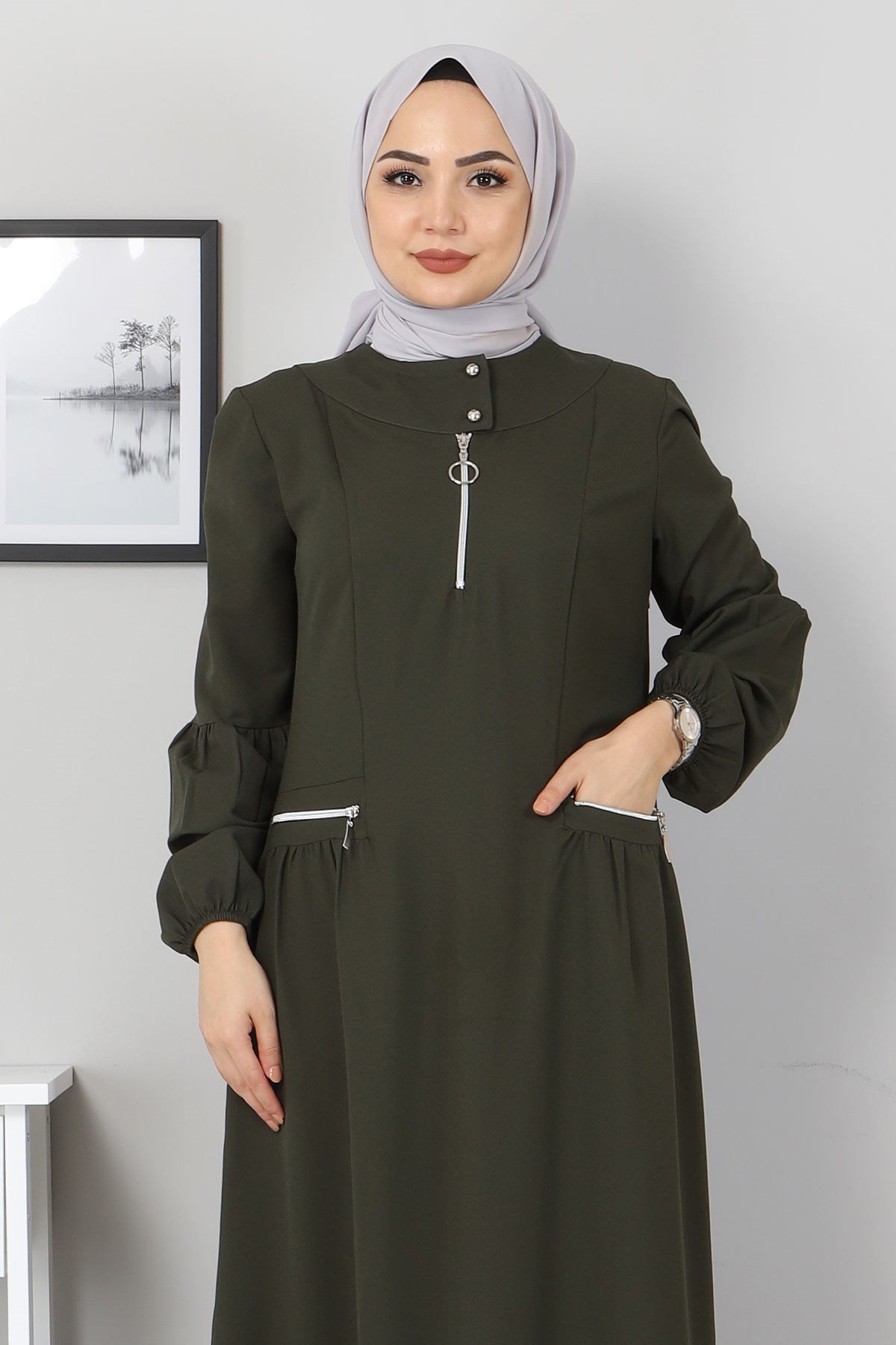 Fermuar Detaylı Elbise Haki 10269