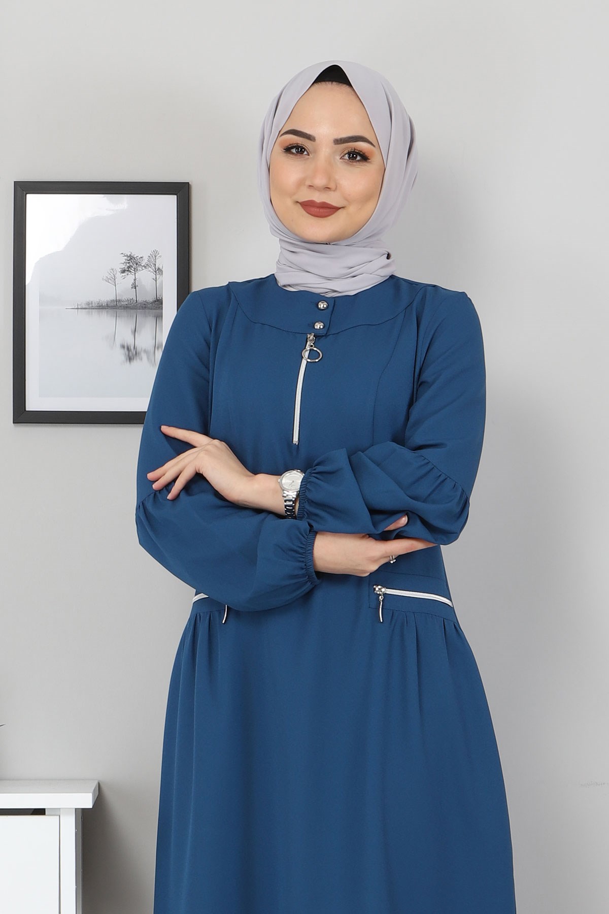 Fermuar Detaylı Elbise Mavi 10269