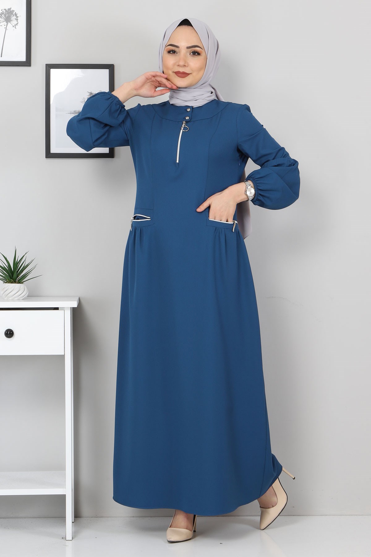 Fermuar Detaylı Elbise Mavi 10269