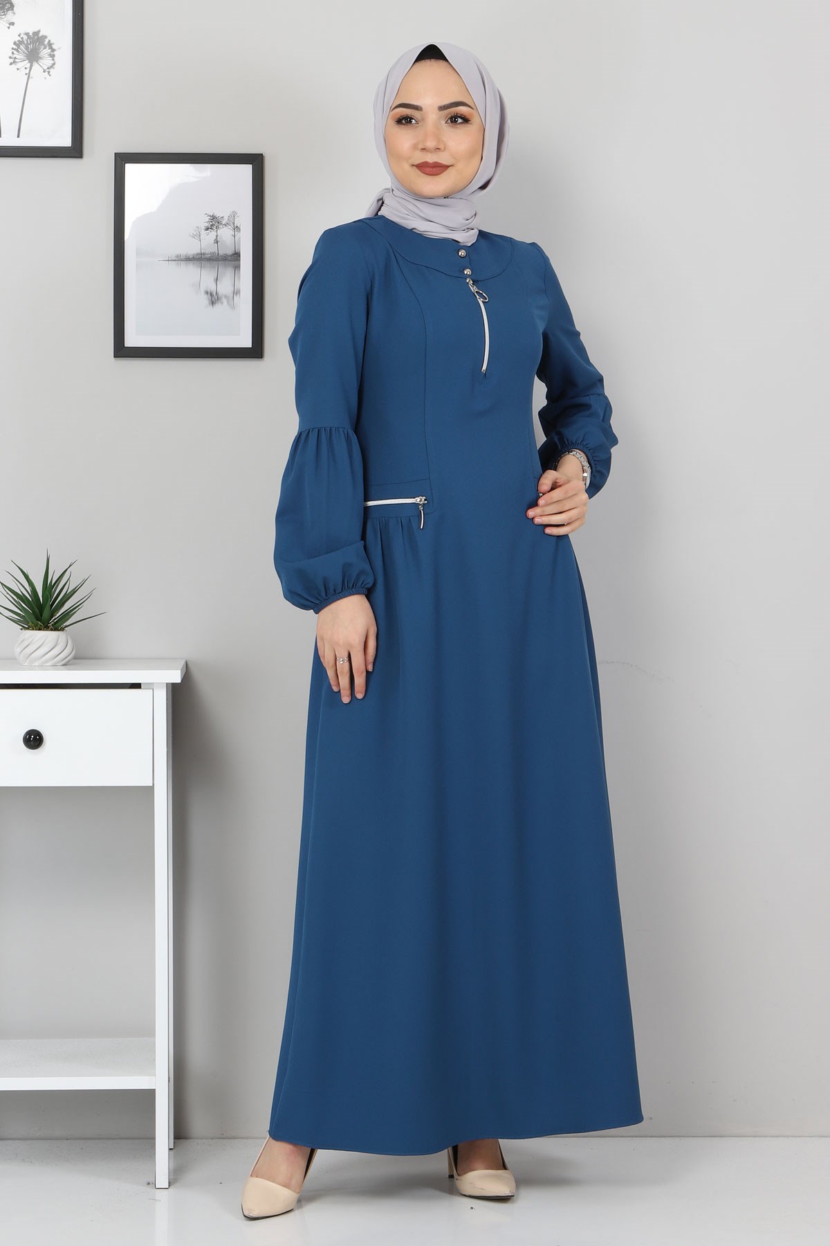 Fermuar Detaylı Elbise Mavi 10269