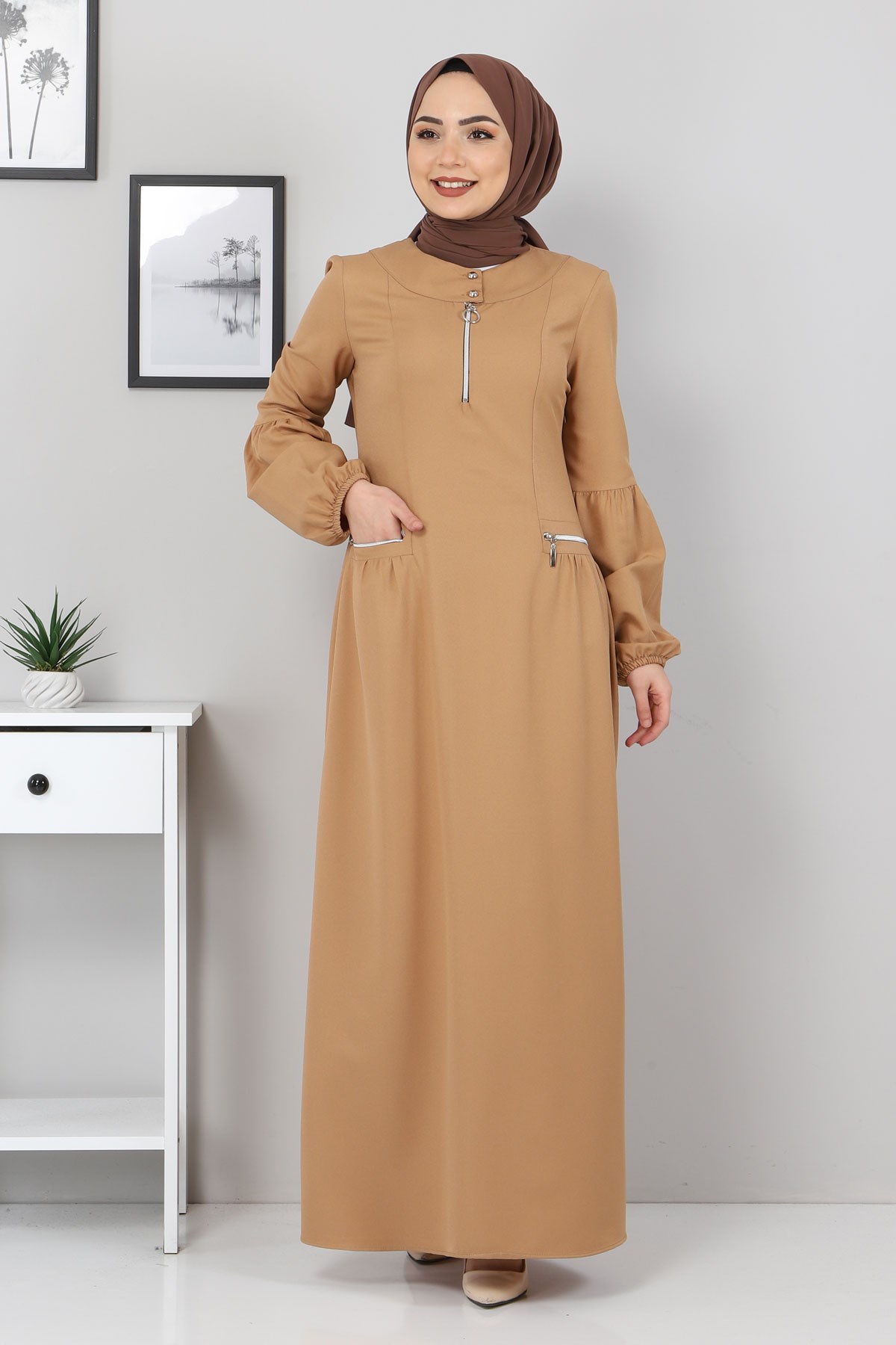 Fermuar Detaylı Elbise Taba 10269