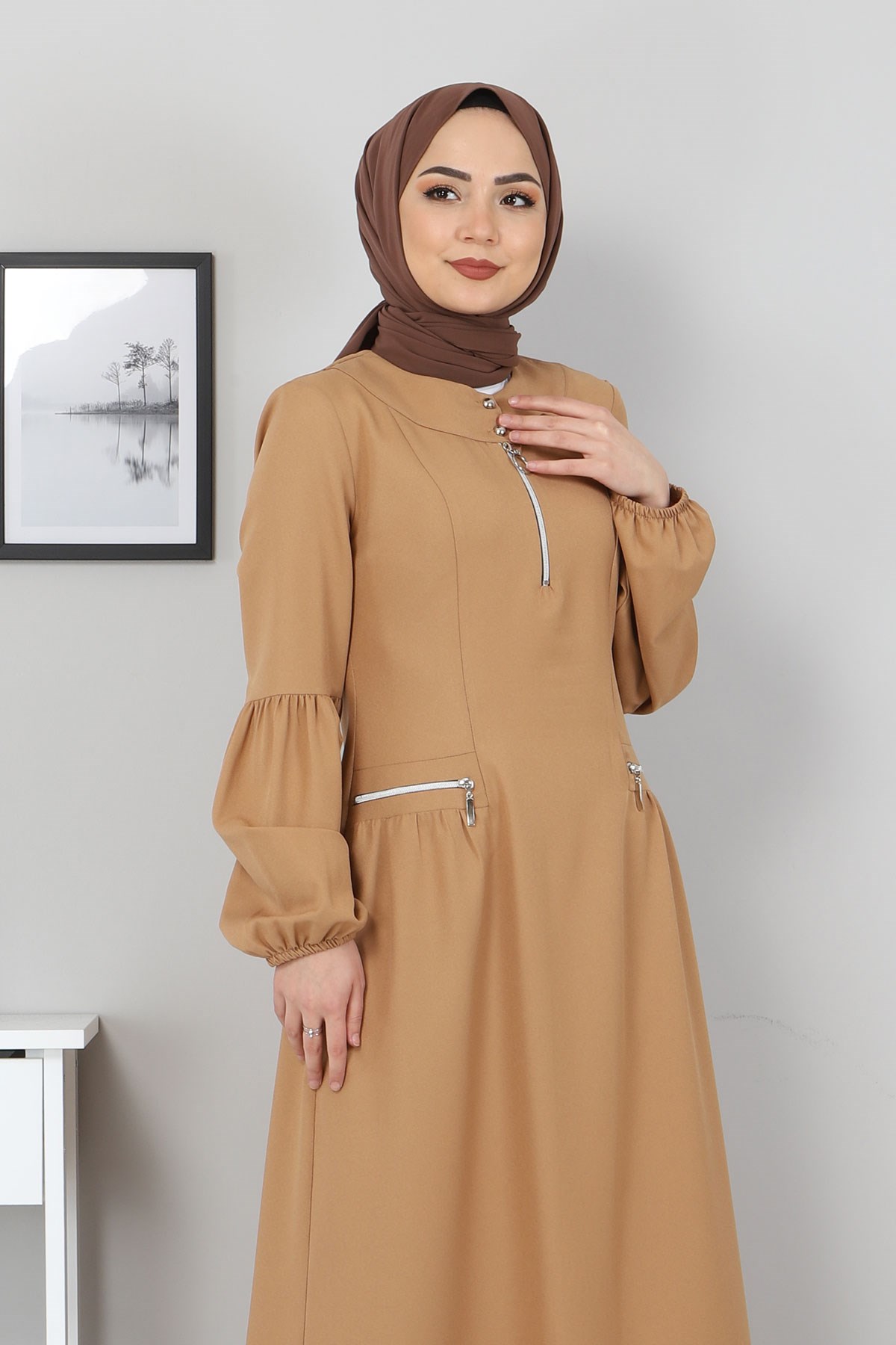 Fermuar Detaylı Elbise Taba 10269
