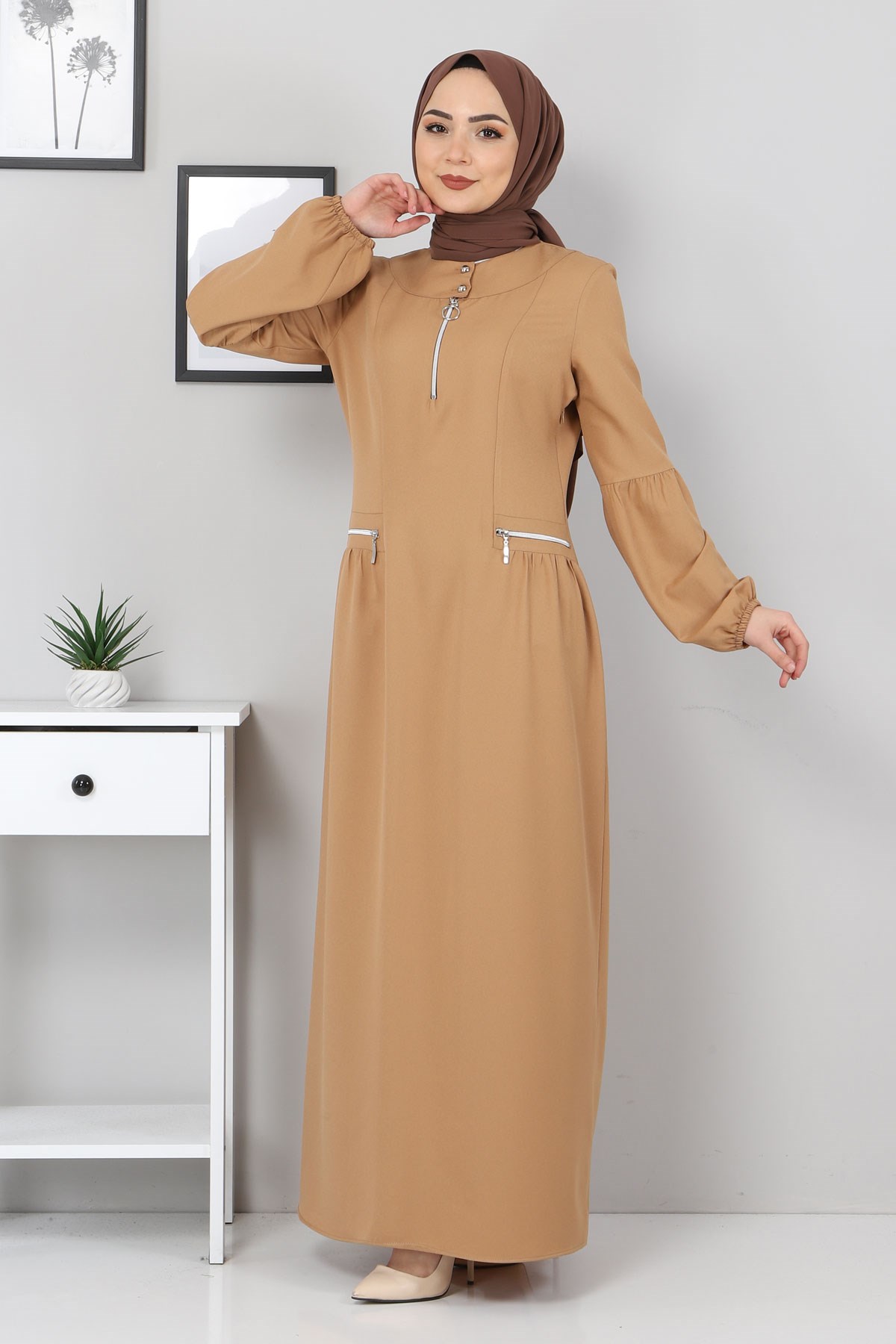 Fermuar Detaylı Elbise Taba 10269