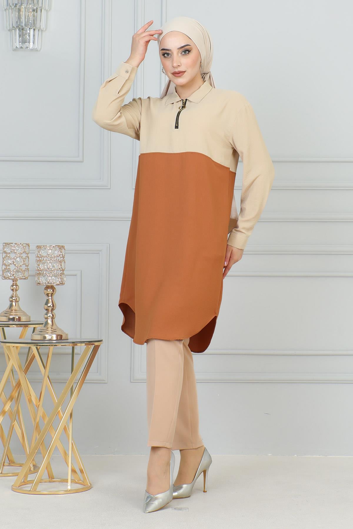 Fermuar Detaylı Tunik Bej 6098