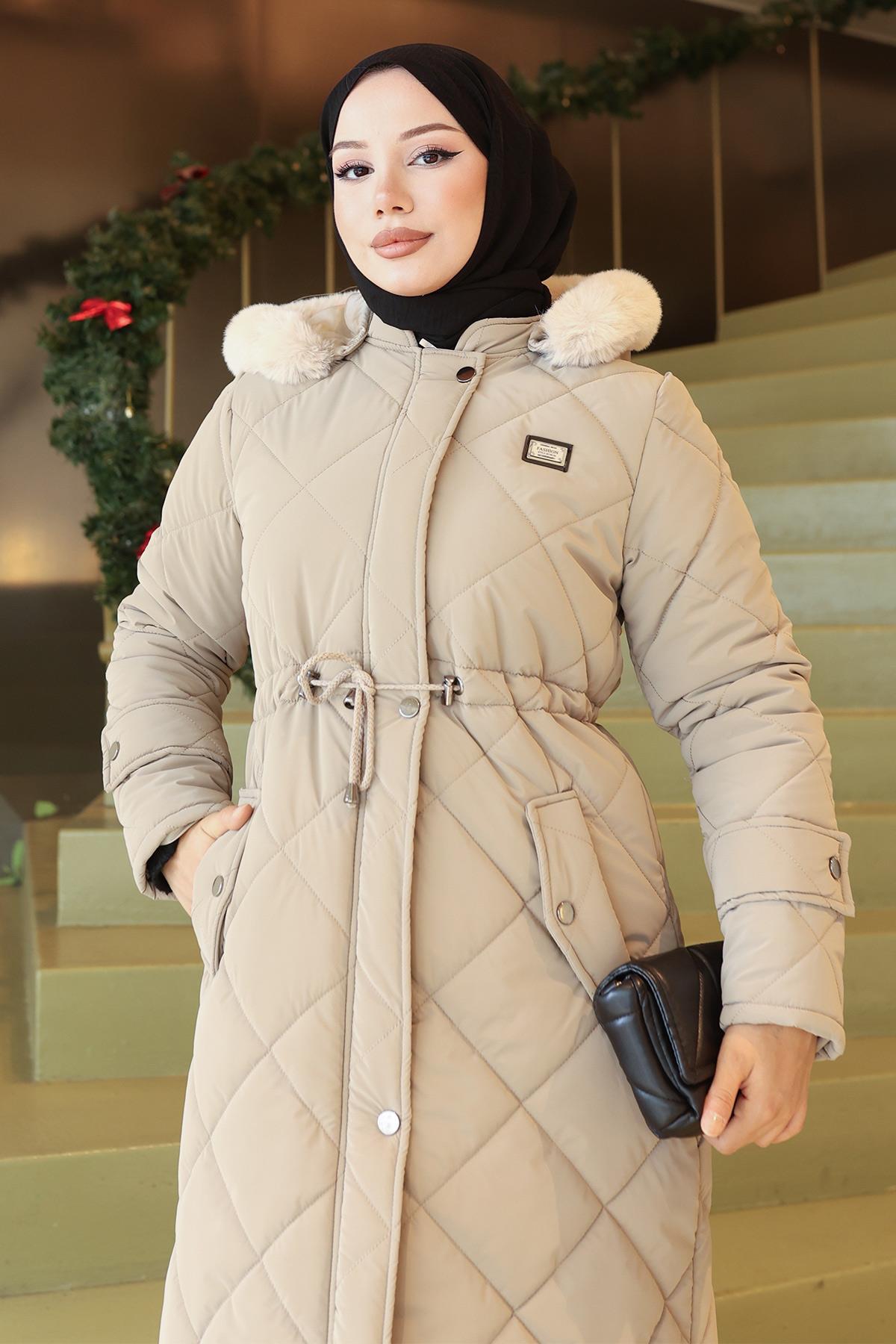 Fermuarlı Beli Bağcıklı Kapitone Mont Bej 19283