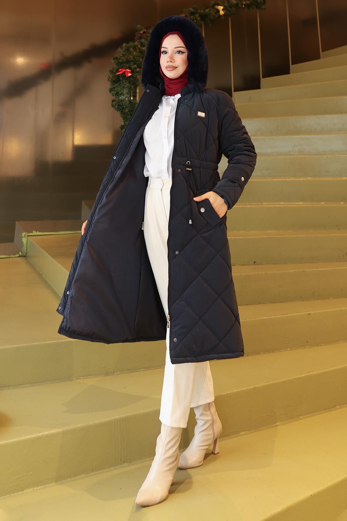 Fermuarlı Beli Bağcıklı Kapitone Mont Lacivert 19283