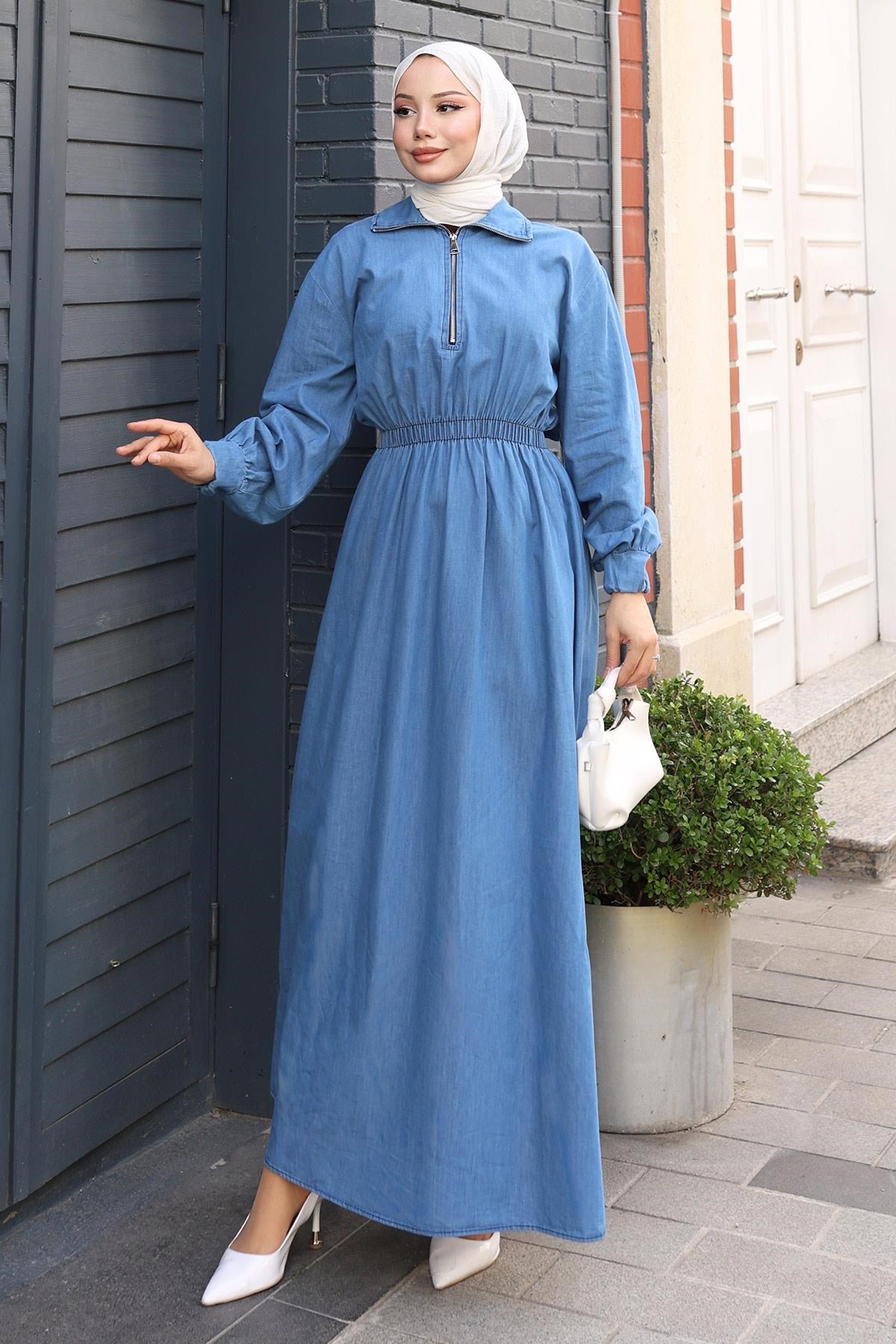 Fermuarlı Beli Lastikli Kot Elbise Açık Mavi 19240