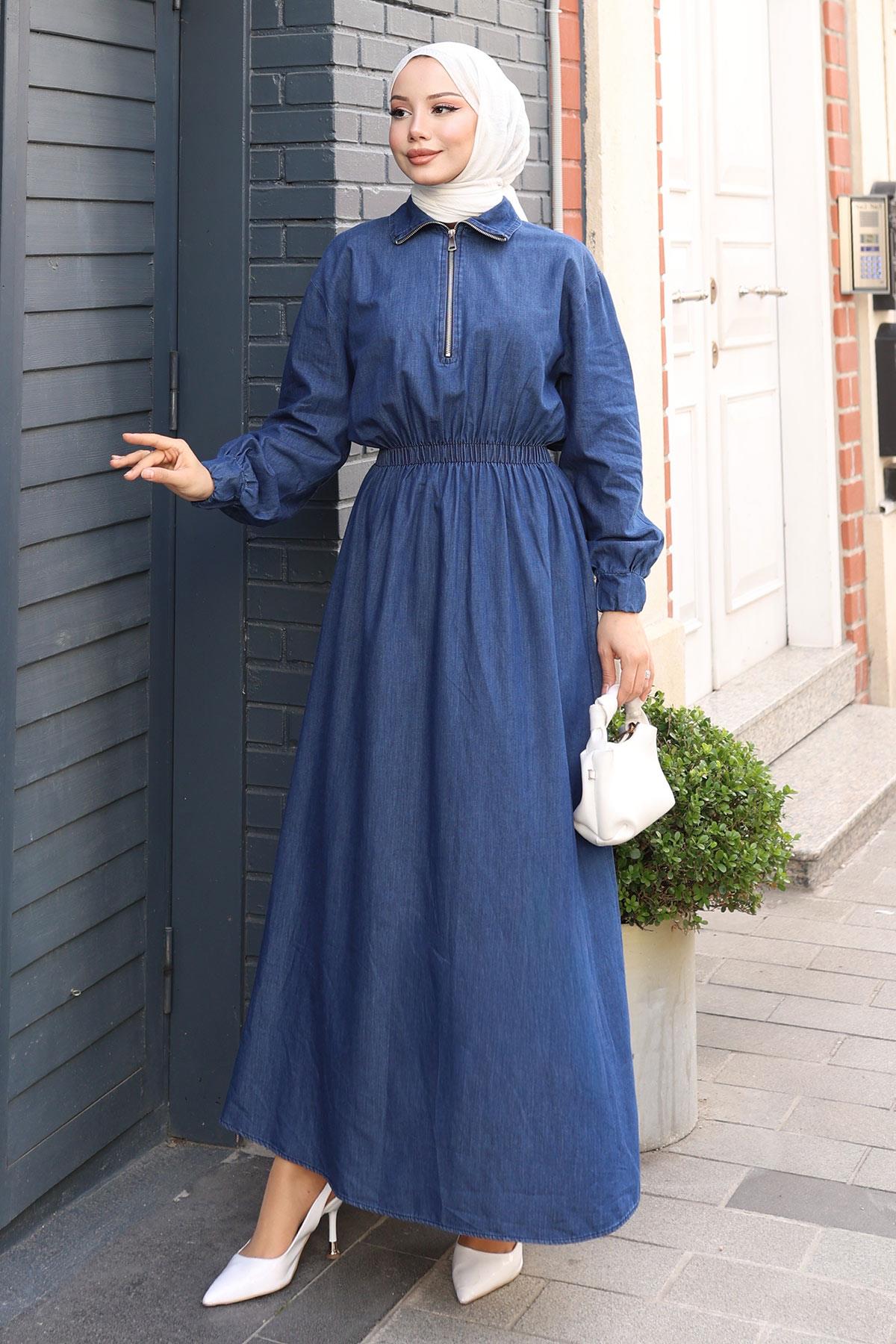 Fermuarlı Beli Lastikli Kot Elbise Koyu Kot MSV19240