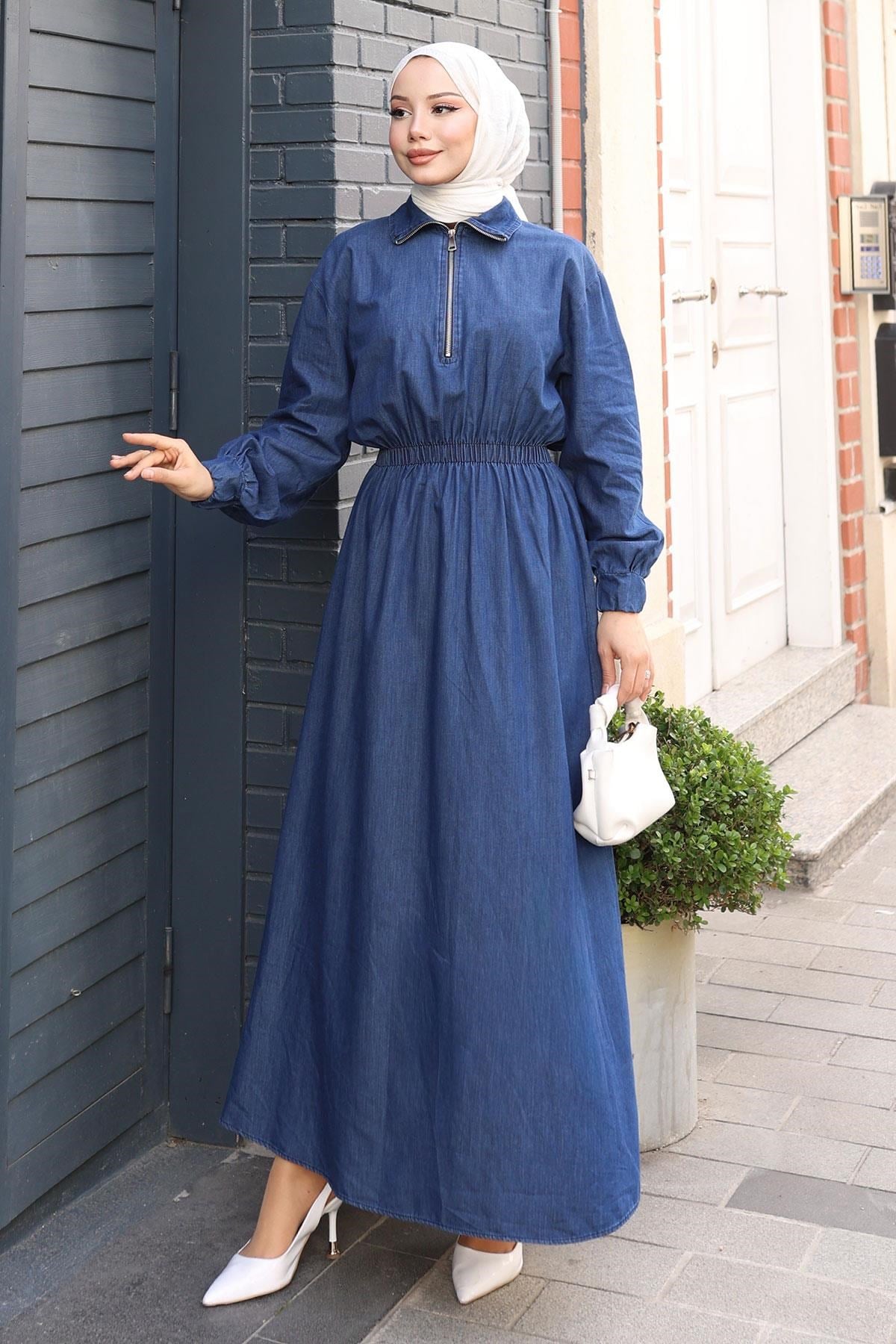 Fermuarlı Beli Lastikli Kot Elbise Koyu Mavi 19240