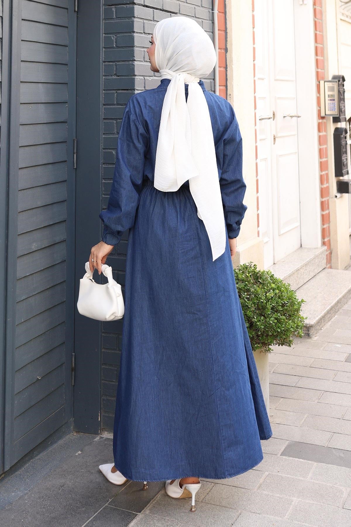 Fermuarlı Beli Lastikli Kot Elbise Koyu Mavi 19240