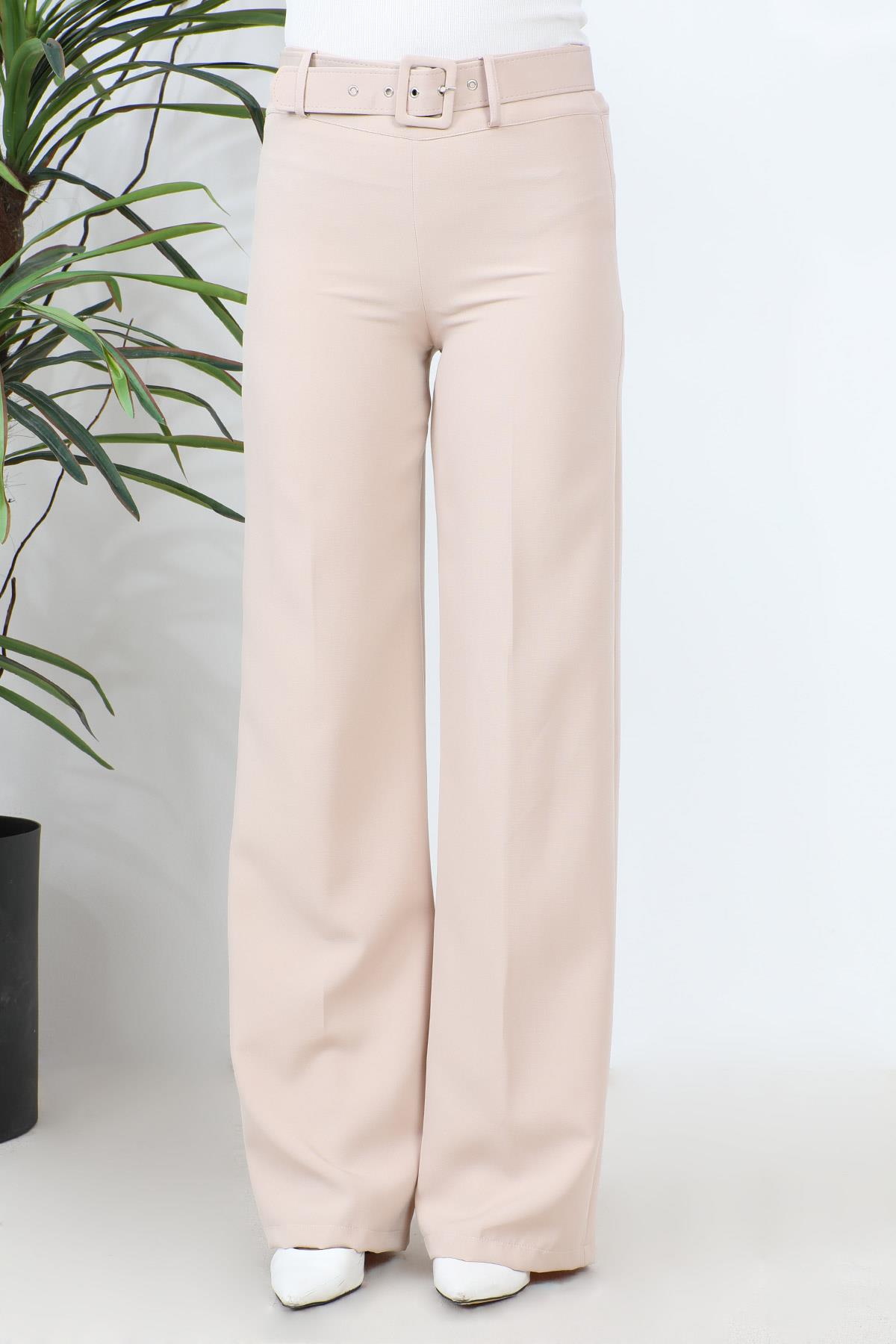 Fermuarlı Bol Paça Pantolon Krem 6085