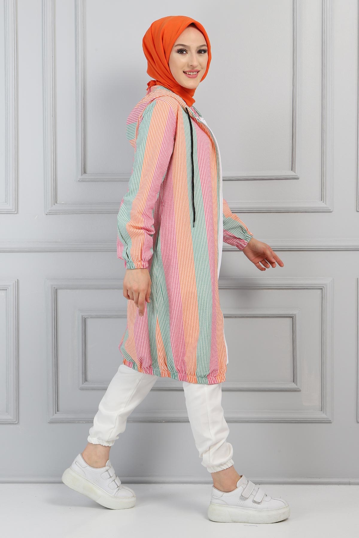Fermuarlı Çizgili Kap Pembe 10289