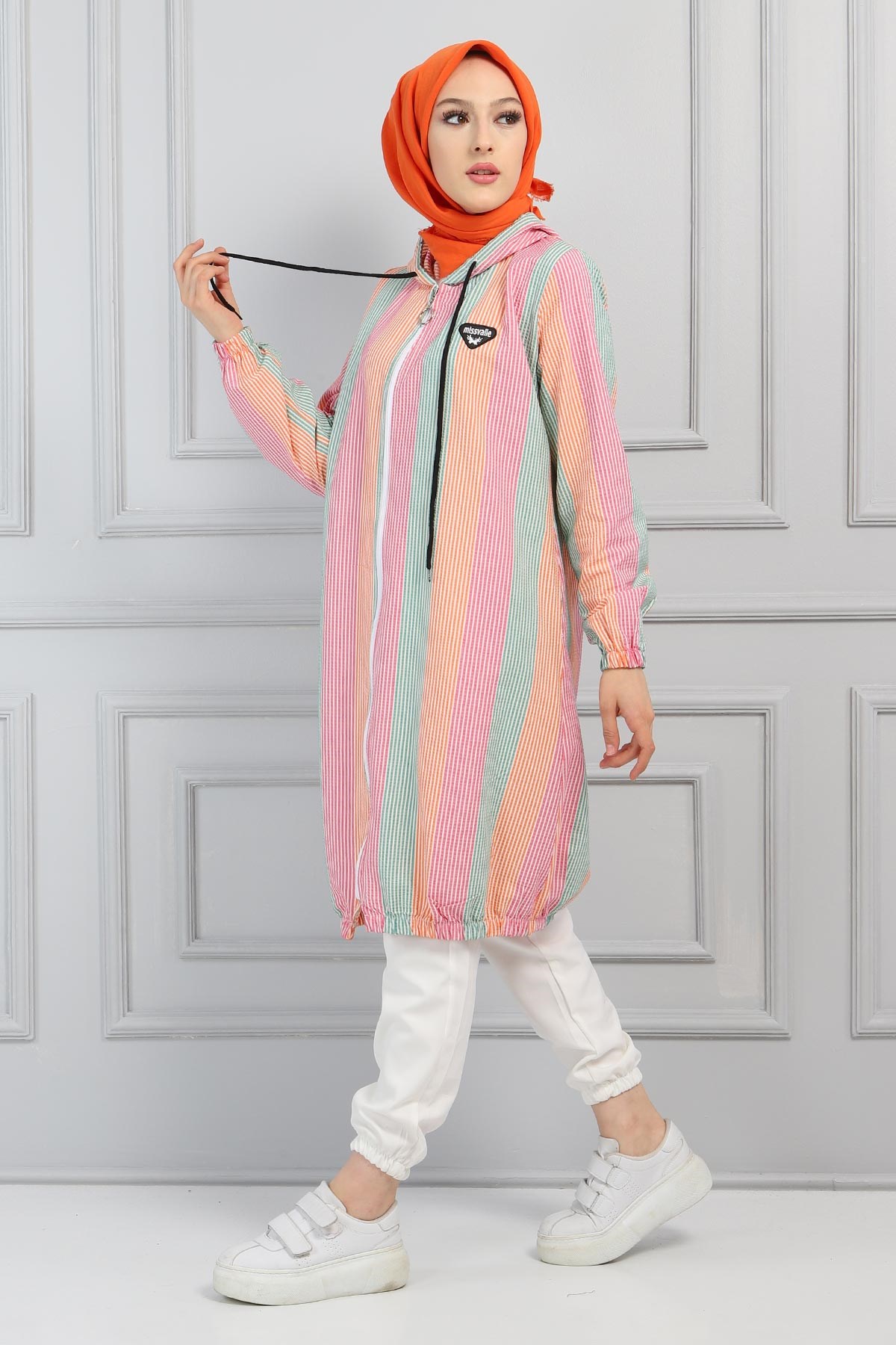 Fermuarlı Çizgili Kap Pembe 10289