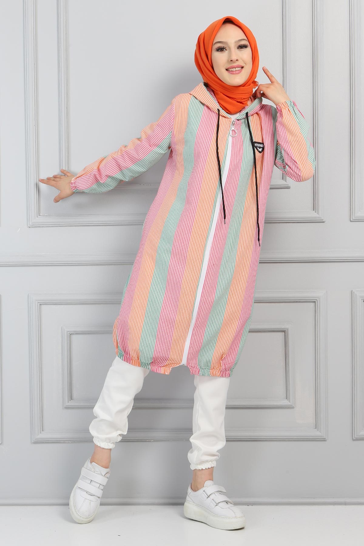 Fermuarlı Çizgili Kap Pembe 10289