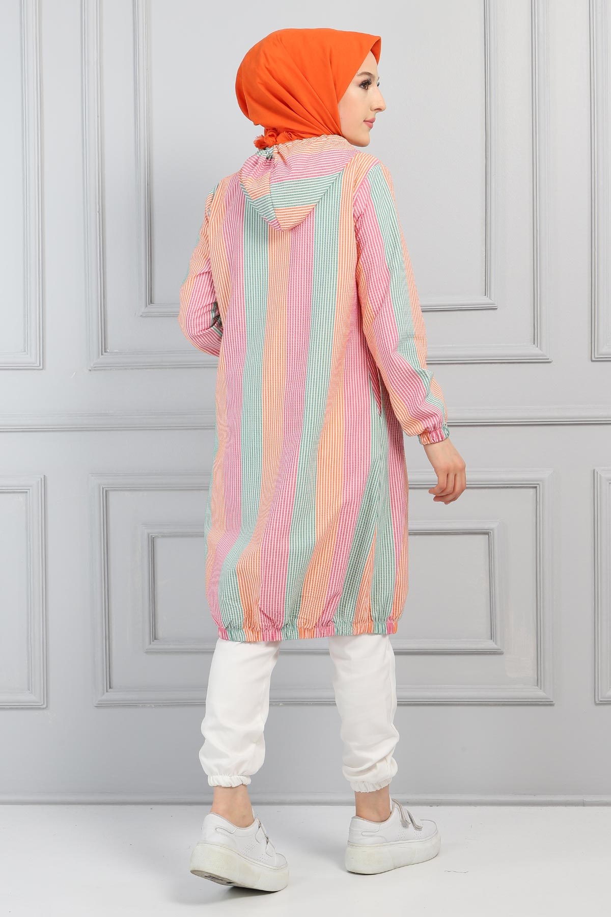 Fermuarlı Çizgili Kap Pembe 10289