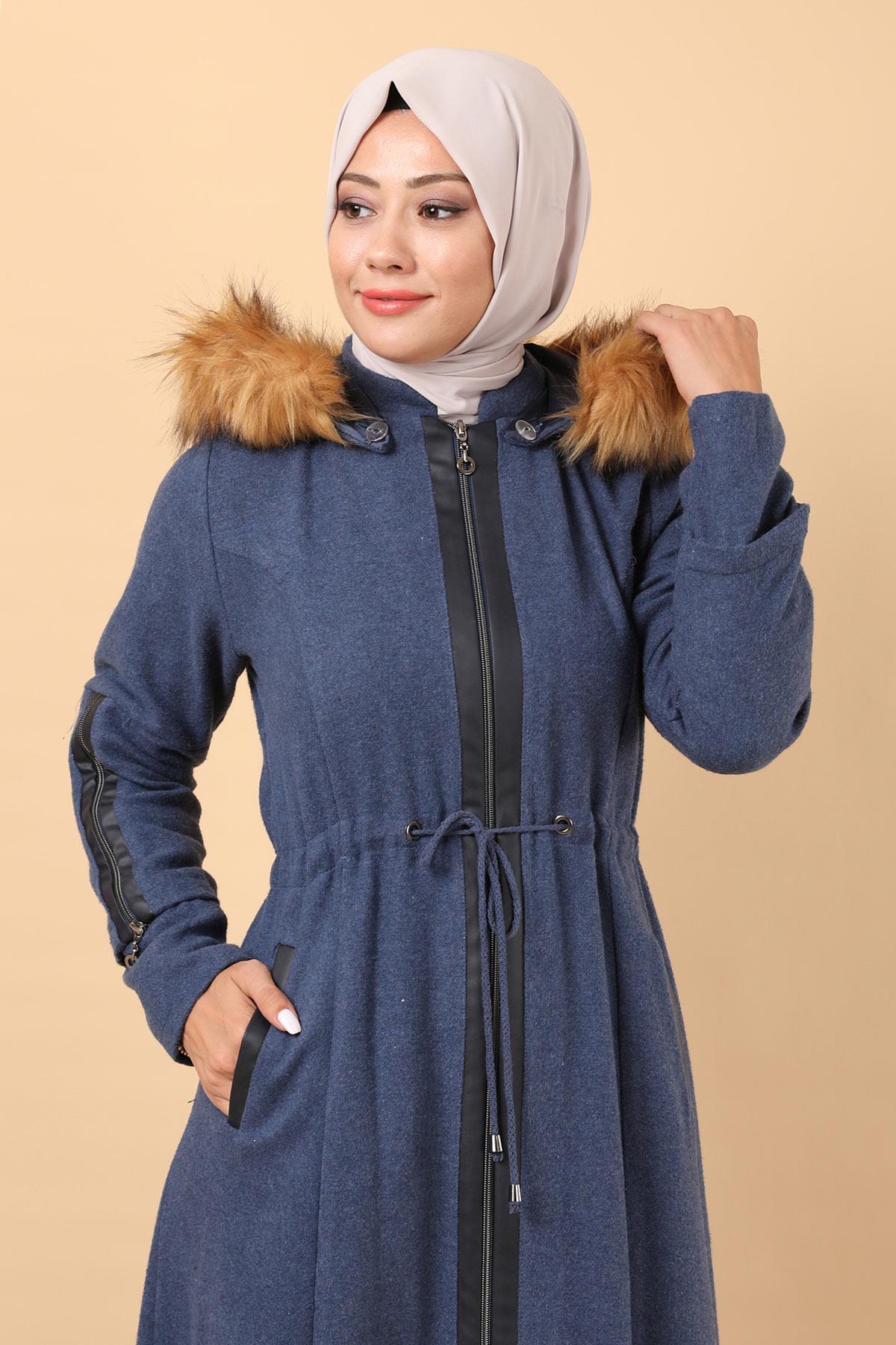 Fermuarlı Deri Detaylı Kaşe Kaban İndigo 12264