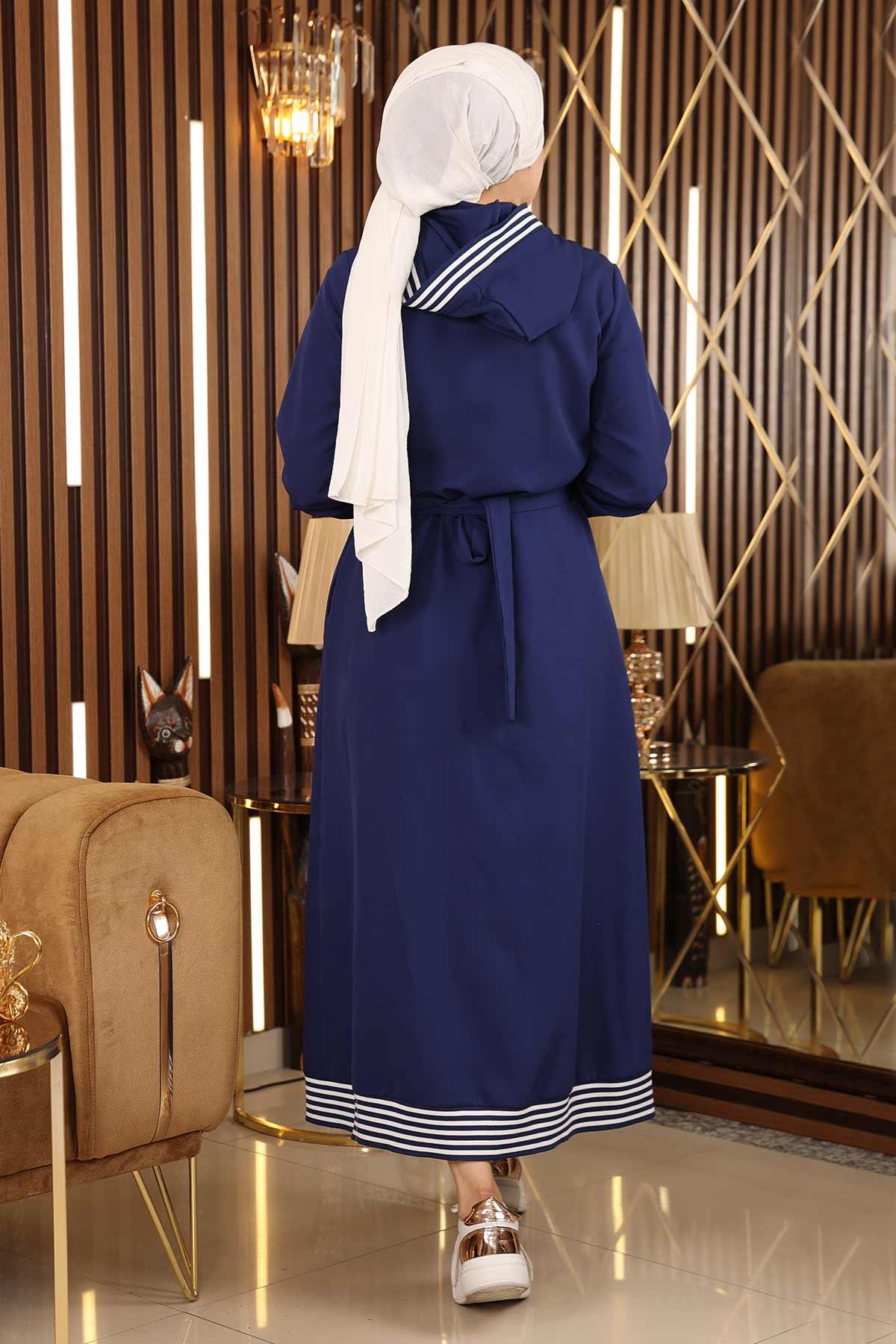 Fermuarlı Kapşonlu Ferace İndigo 19126