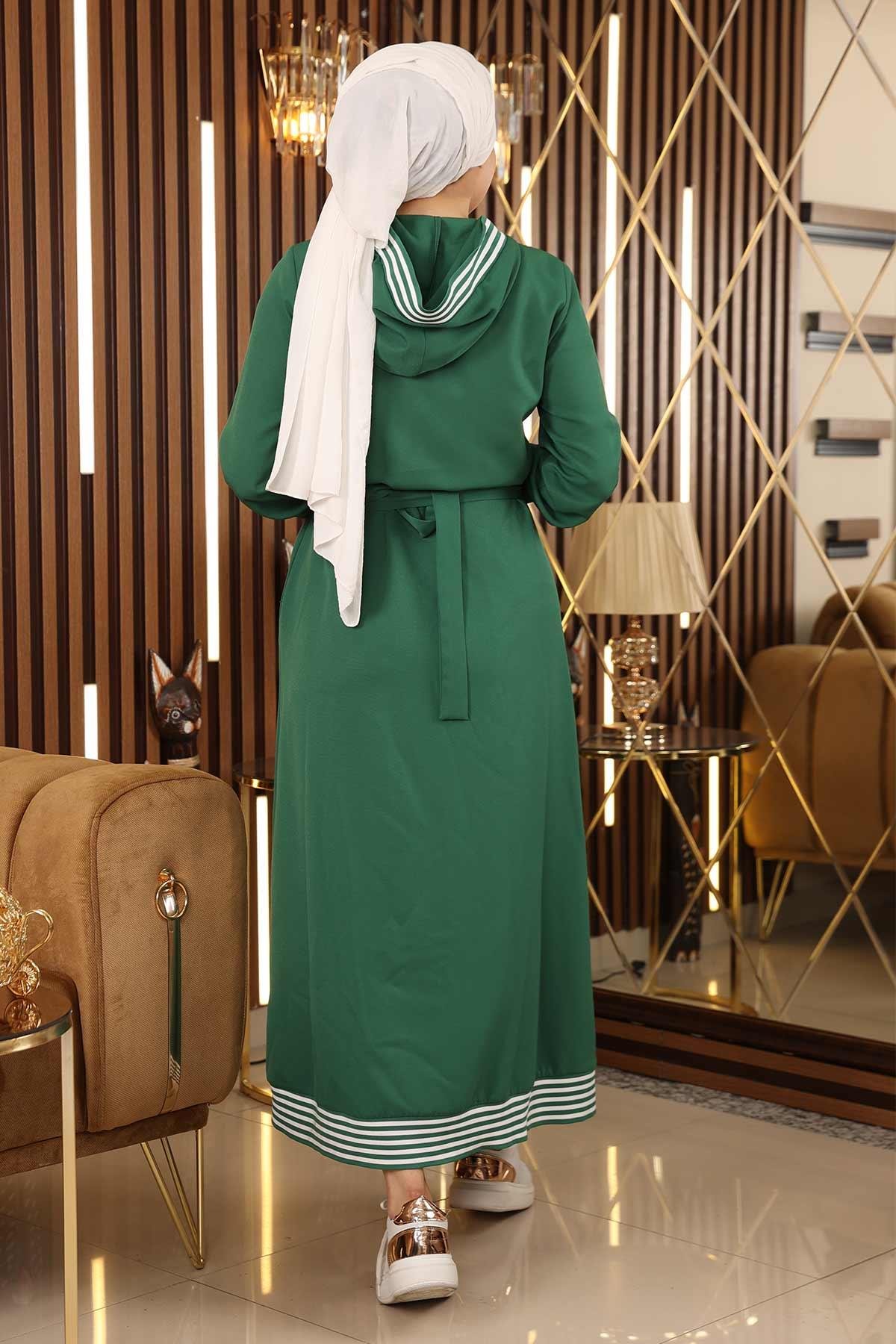 Fermuarlı Kapşonlu Ferace Zümrüt 19126