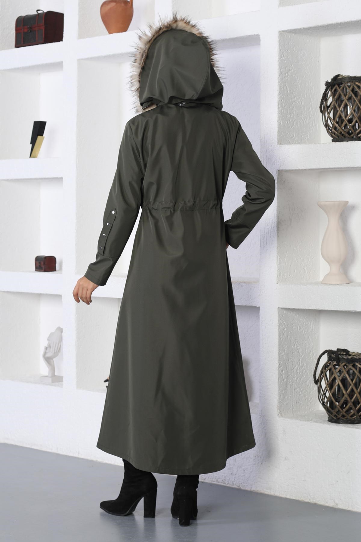 Fermuarlı Kapşonlu Mont Haki 10362