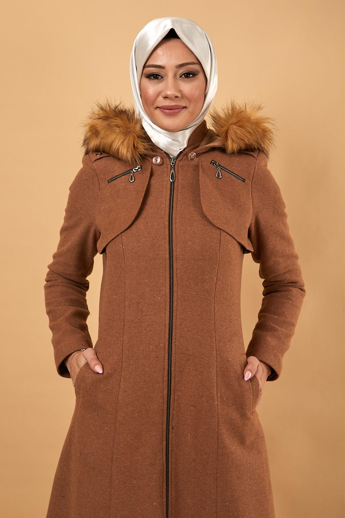 Fermuarlı Kapüşonlu Kaşe Kaban Taba 12265