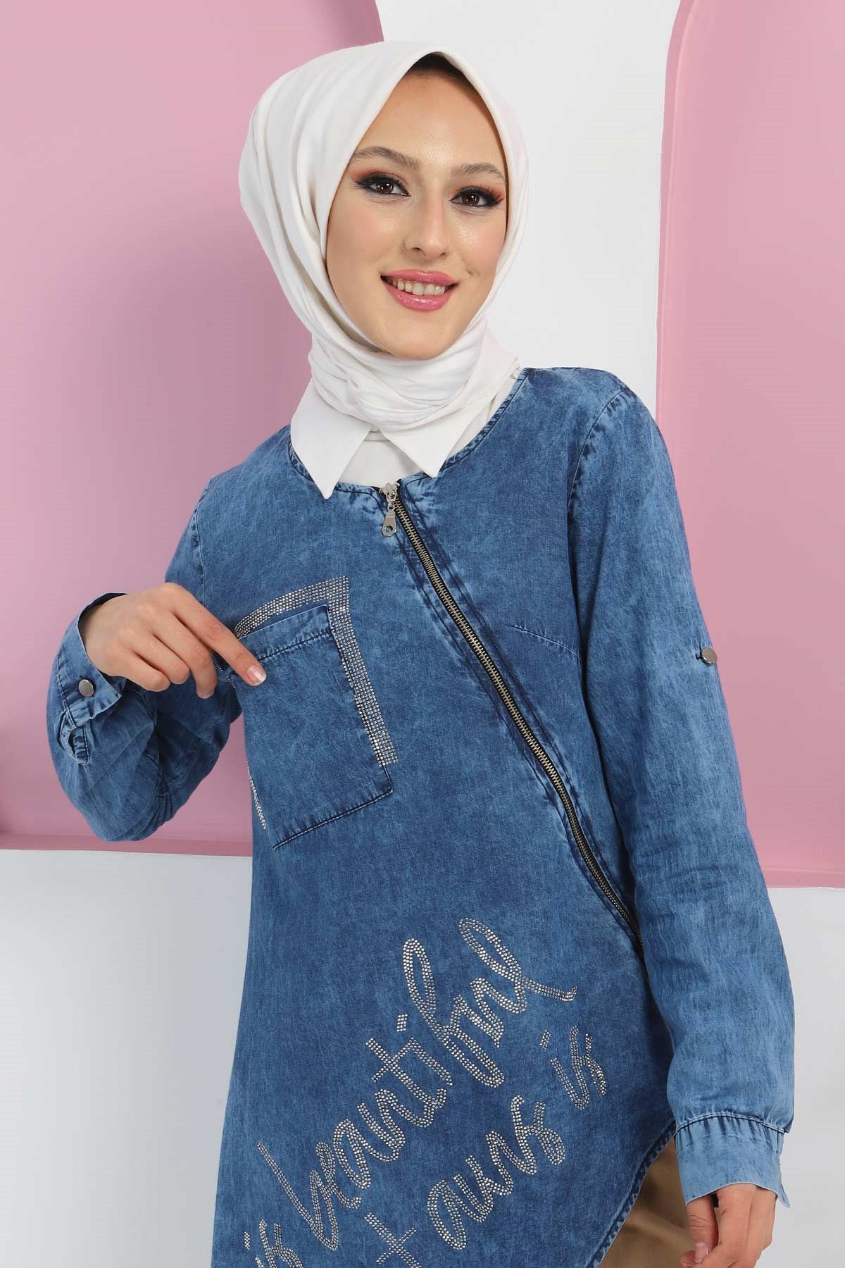 Fermuarlı Kot Tunik Mavi Mavi 5022