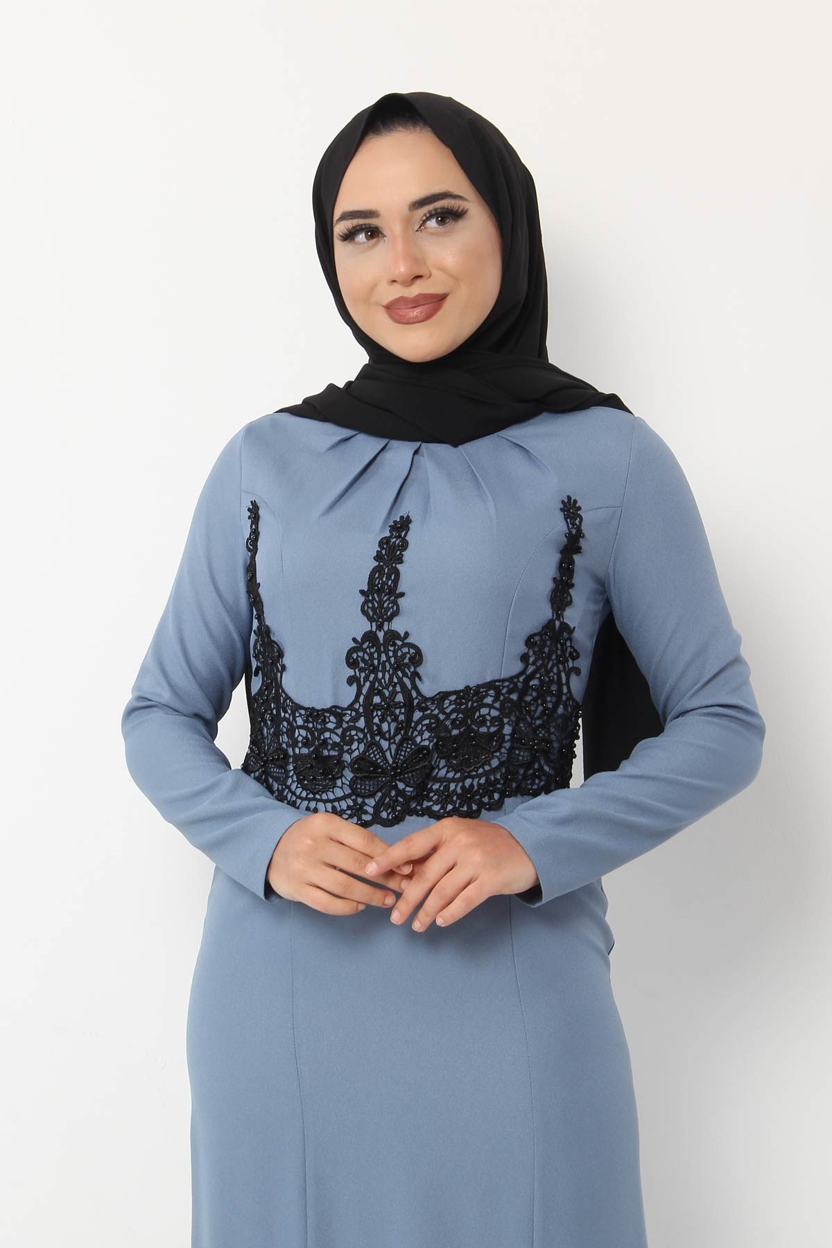 Fırfır Detay Dantelli Tesettür Elbise Bebe Mavisi Bebe Mavisi 8354-3