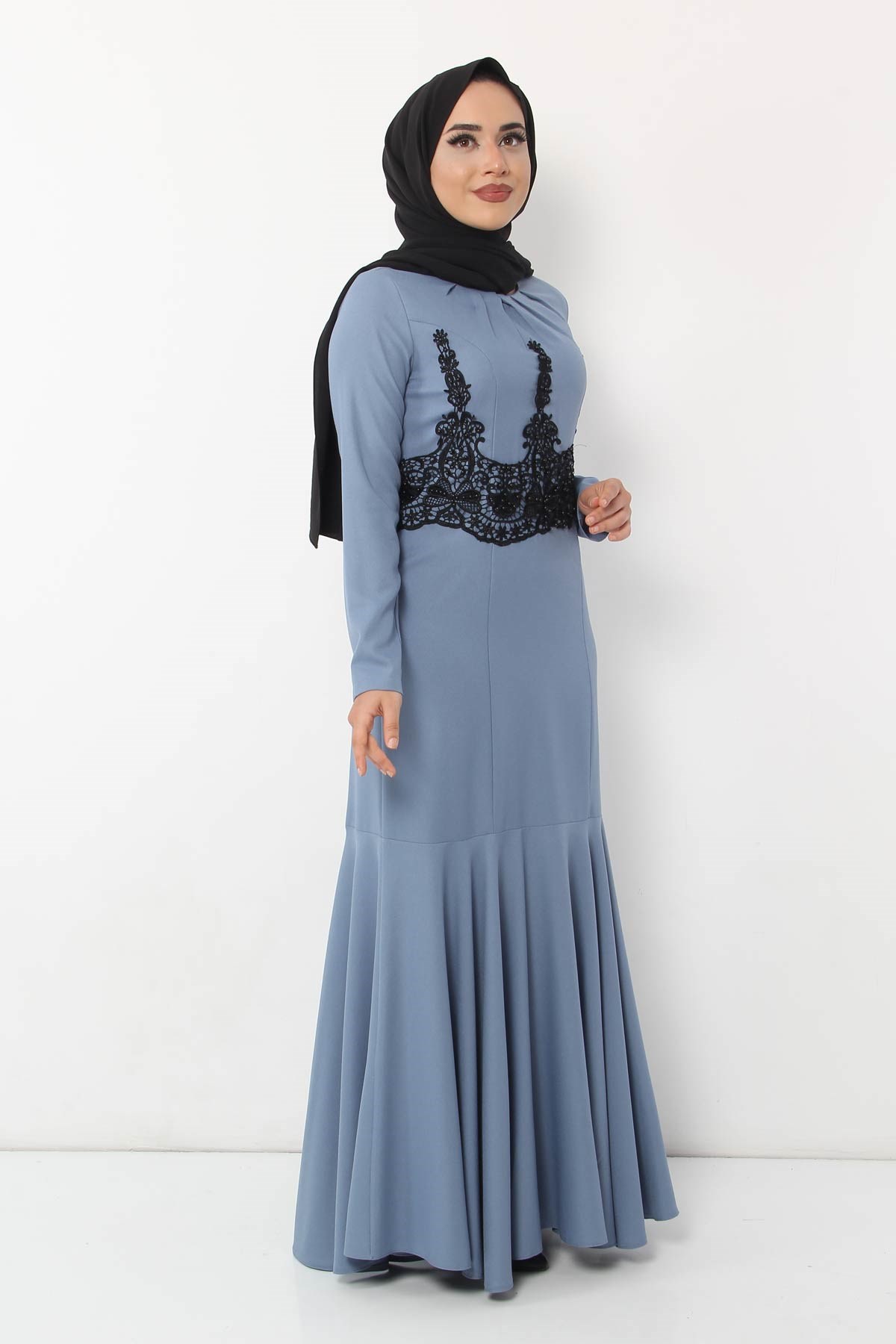 Fırfır Detay Dantelli Tesettür Elbise Bebe Mavisi Bebe Mavisi 8354-3