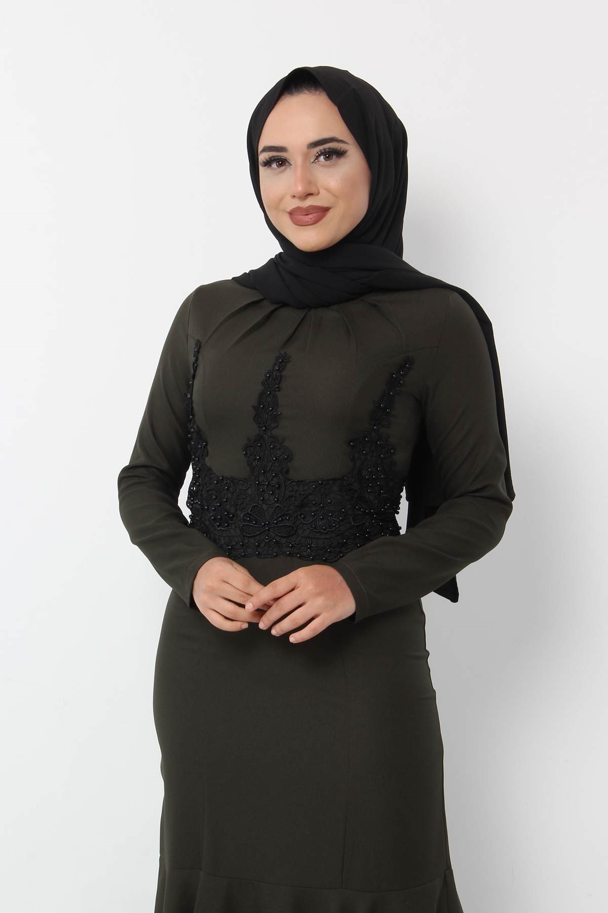 Fırfır Detay Dantelli Tesettür Elbise Haki Haki 8354-1