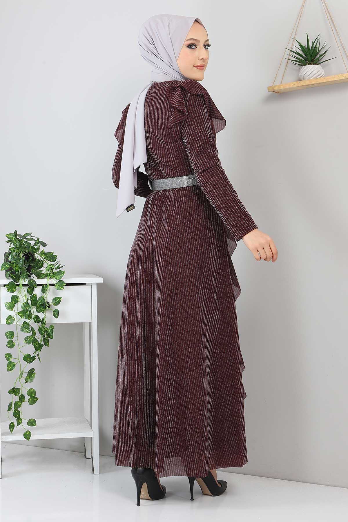 Fırfır Detay Simli Abiye Bordo 10240