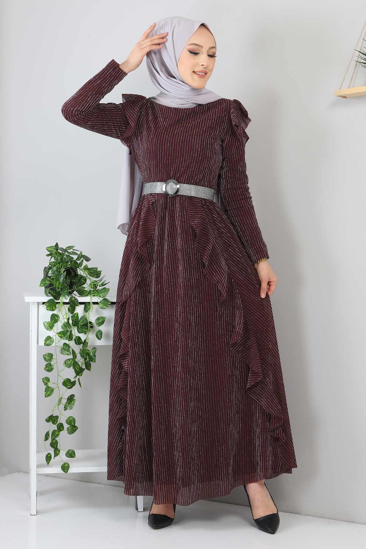 Fırfır Detay Simli Abiye Bordo 10240