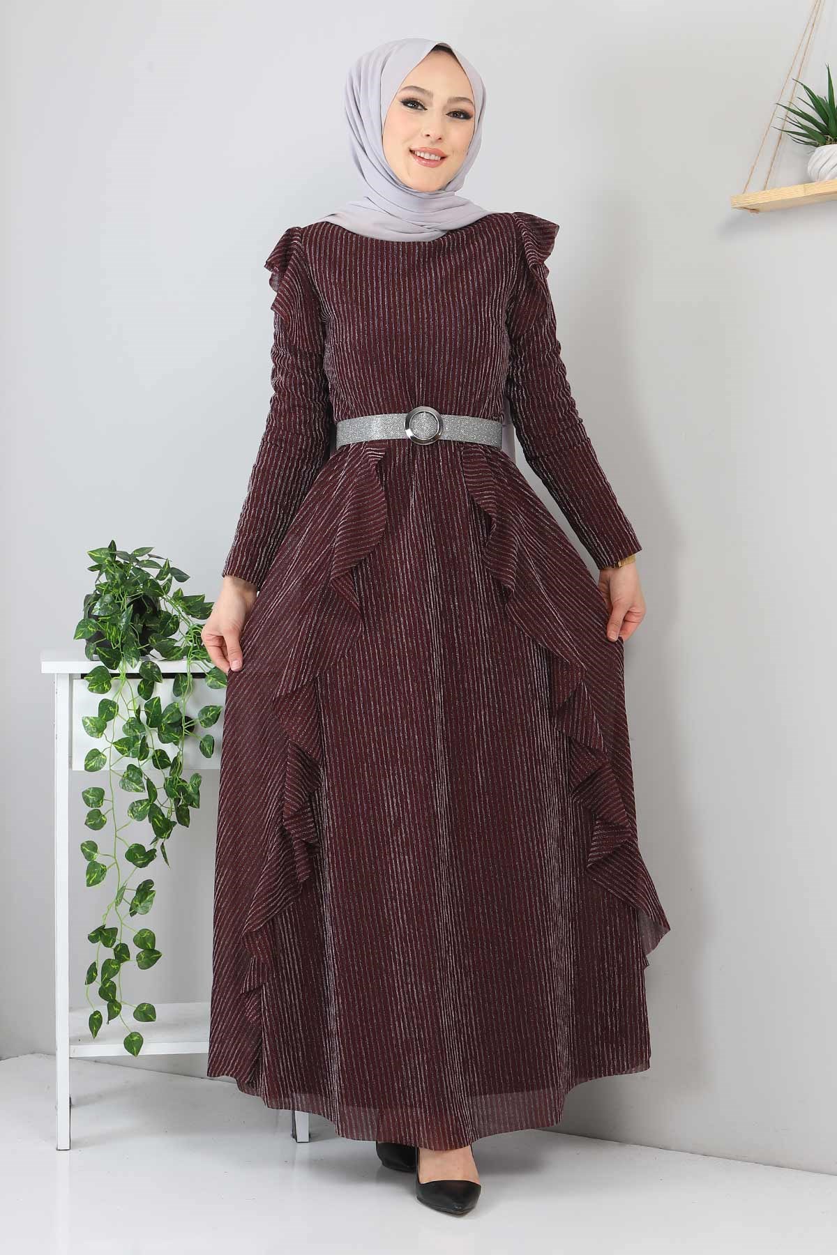 Fırfır Detay Simli Abiye Bordo 10240