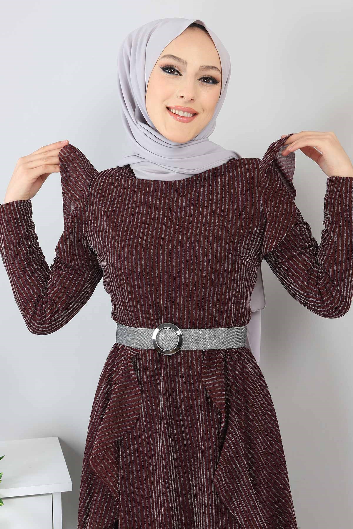 Fırfır Detay Simli Abiye Bordo 10240
