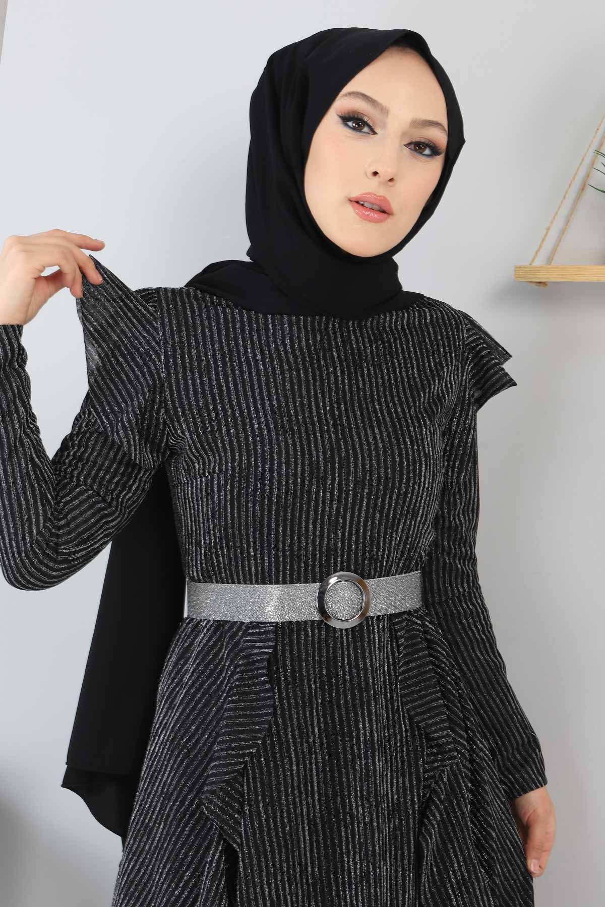 Fırfır Detay Simli Abiye Siyah 10240