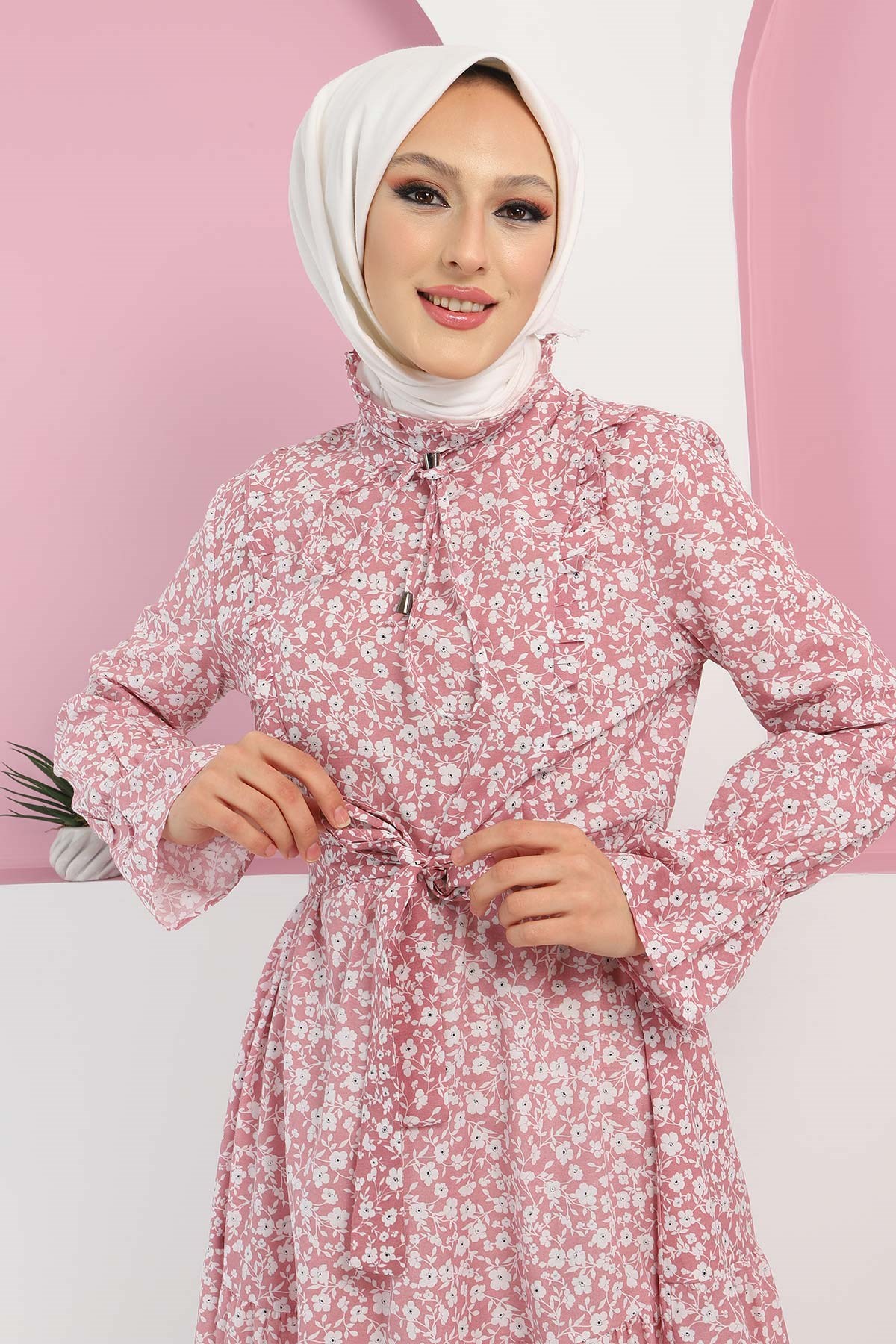 Fırfır Detaylı Çiçekli Elbise Gül Kurusu 10174