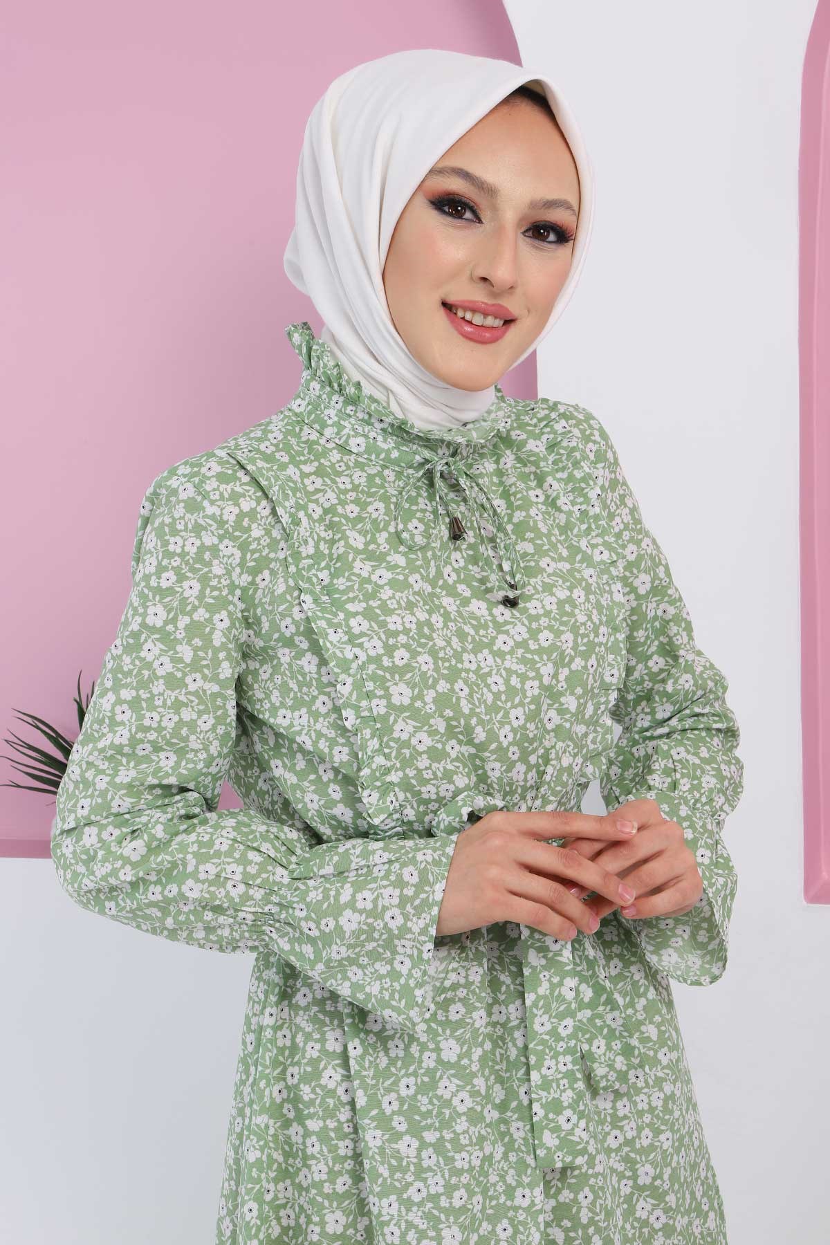 Fırfır Detaylı Çiçekli Elbise Mint 10174