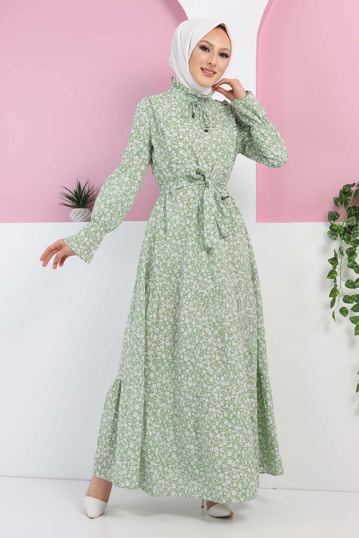 Fırfır Detaylı Çiçekli Elbise Mint 10174