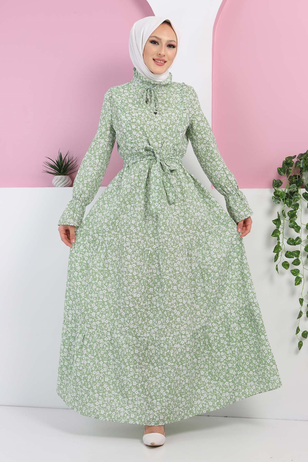Fırfır Detaylı Çiçekli Elbise Mint 10174